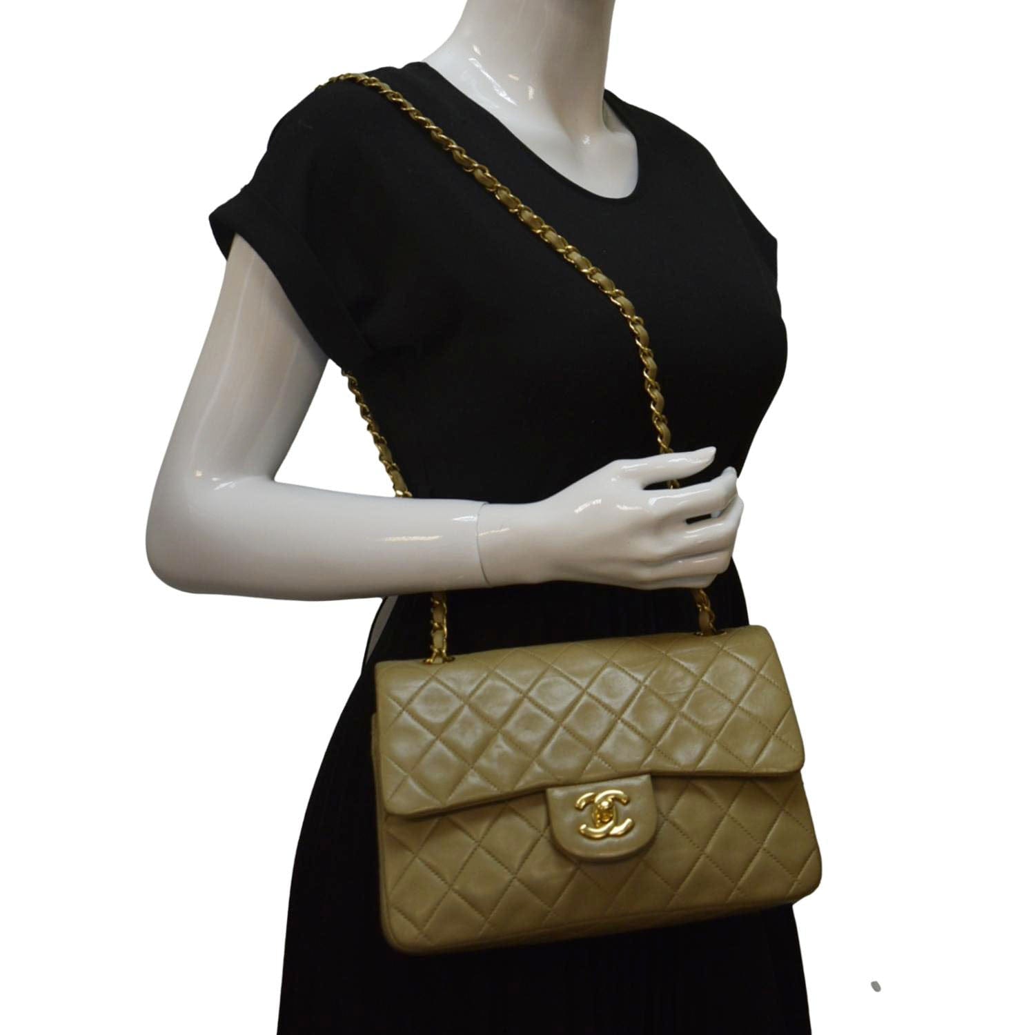Chanel Classic Double Flap Taupe Leather Beige Travel Bag