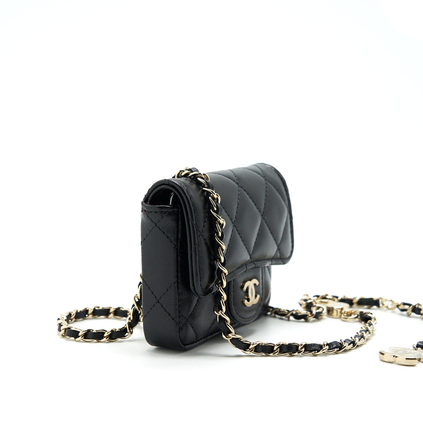 Chanel Flap Card Holder Belt Lambskin LGHW Black Wallet Case