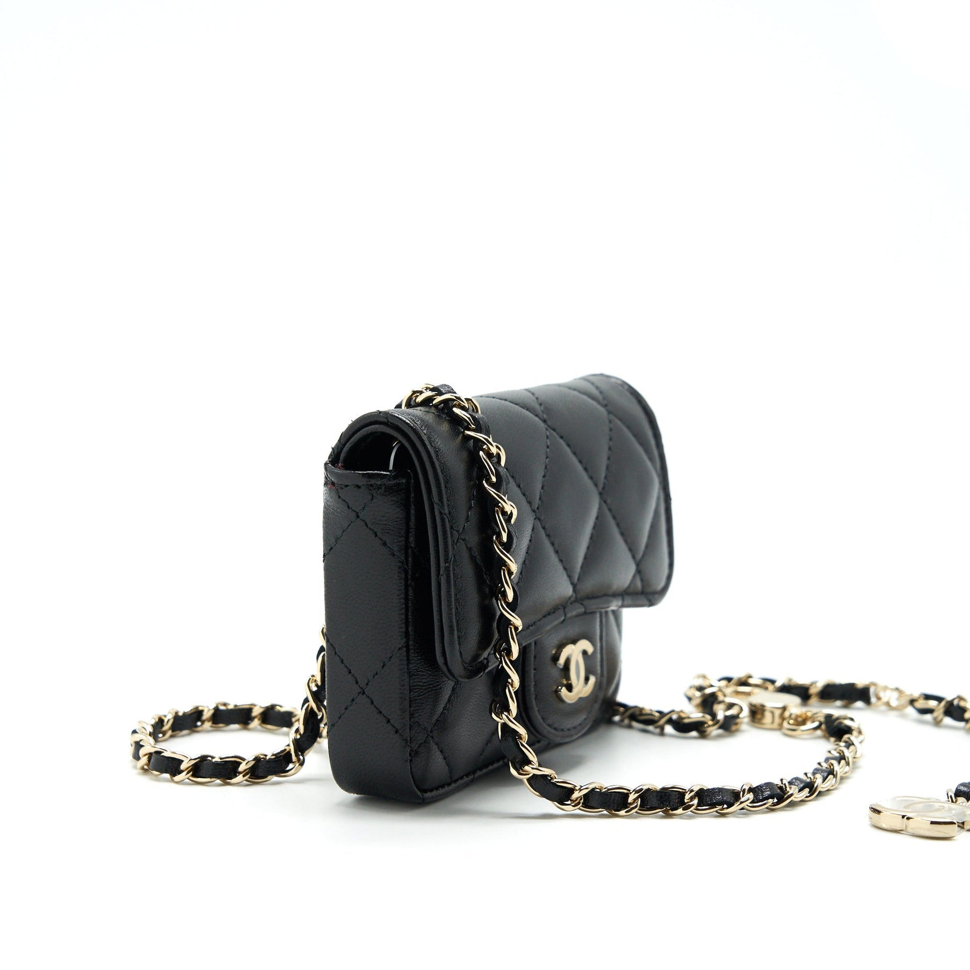 Chanel Flap Card Holder Belt Lambskin LGHW Black Wallet Case