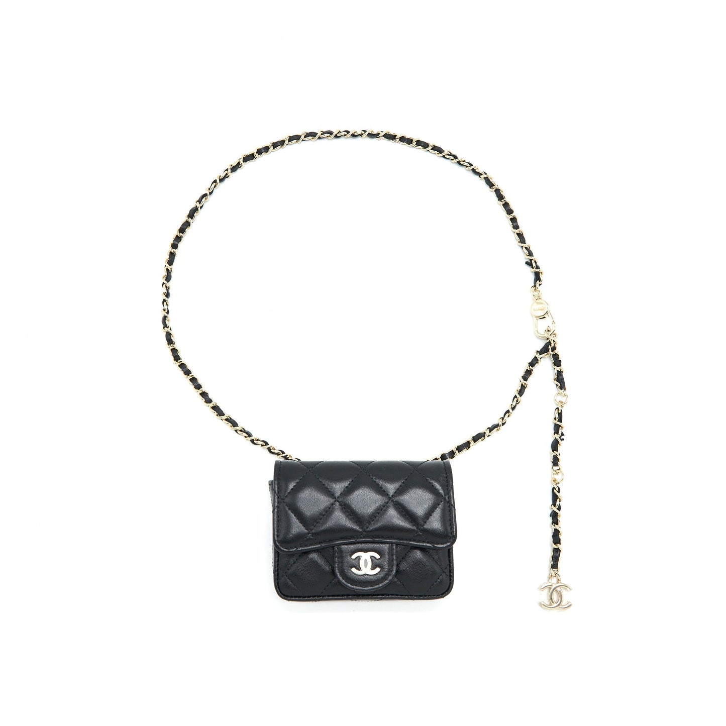 Chanel Flap Card Holder Belt Lambskin LGHW Black Wallet Case