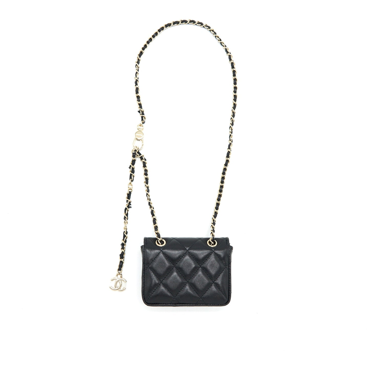 Chanel Flap Card Holder Belt Lambskin LGHW Black Wallet Case