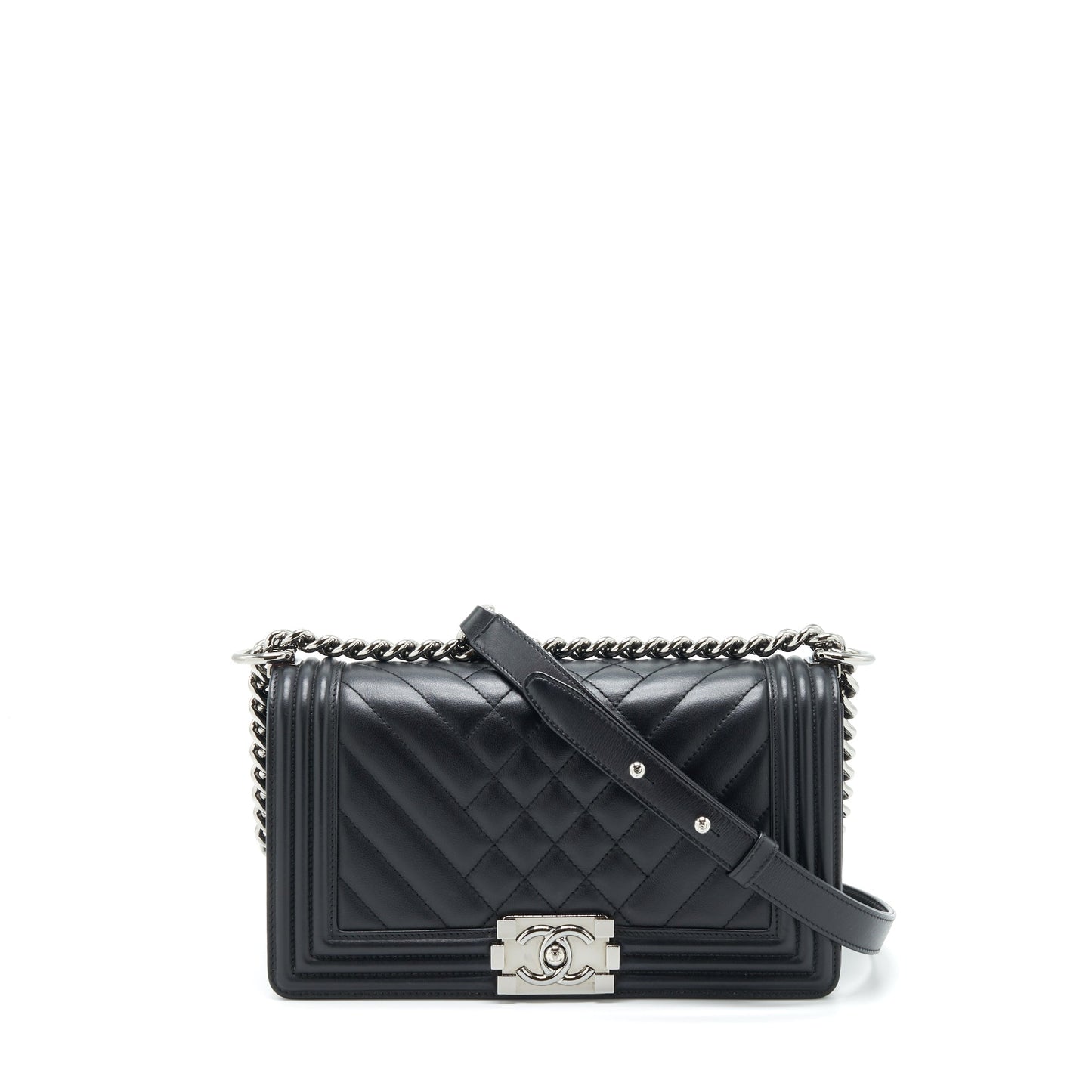 Chanel Boy Quilted Chevron Calfskin SHW Black Handbag