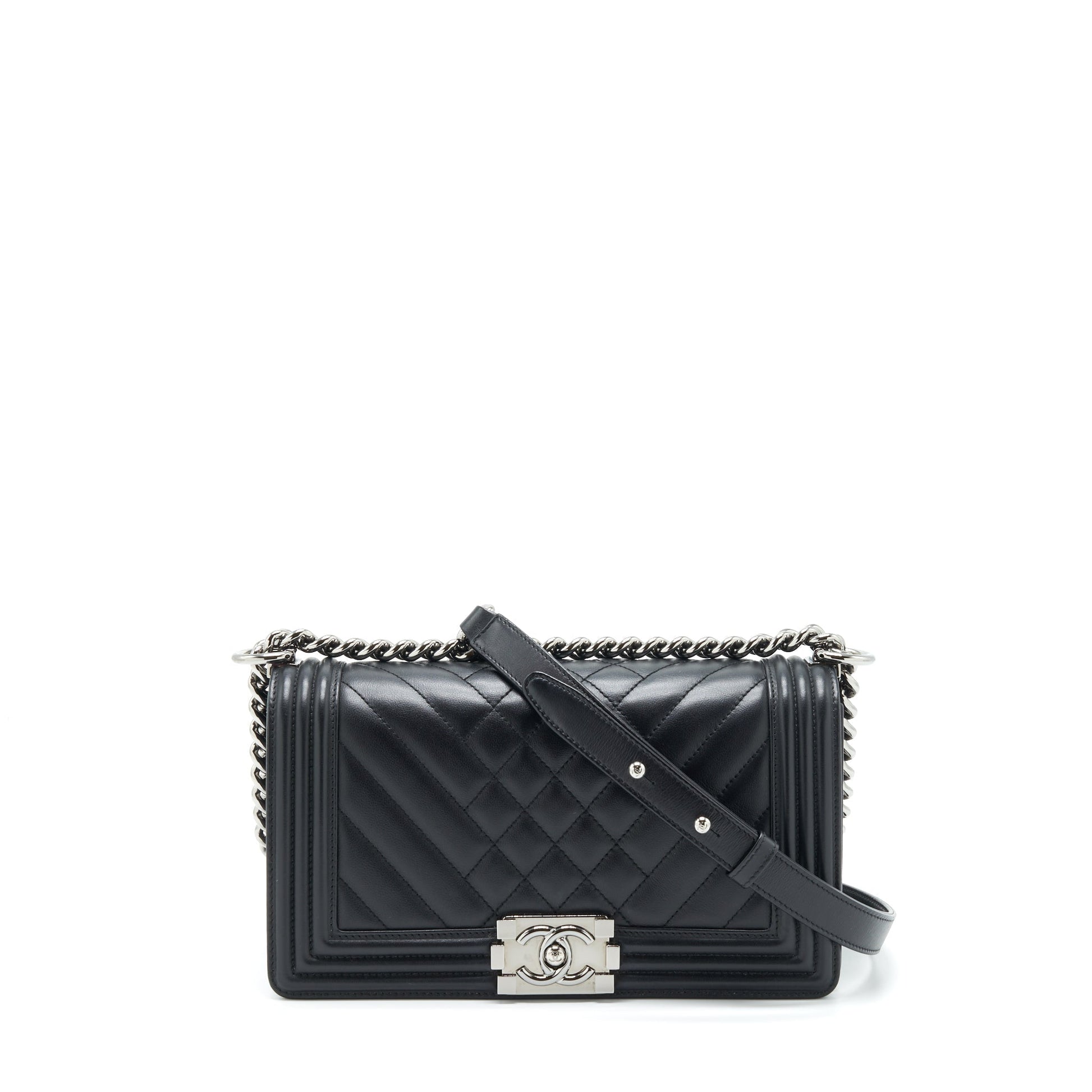 Chanel Boy Quilted Chevron Calfskin SHW Black Handbag