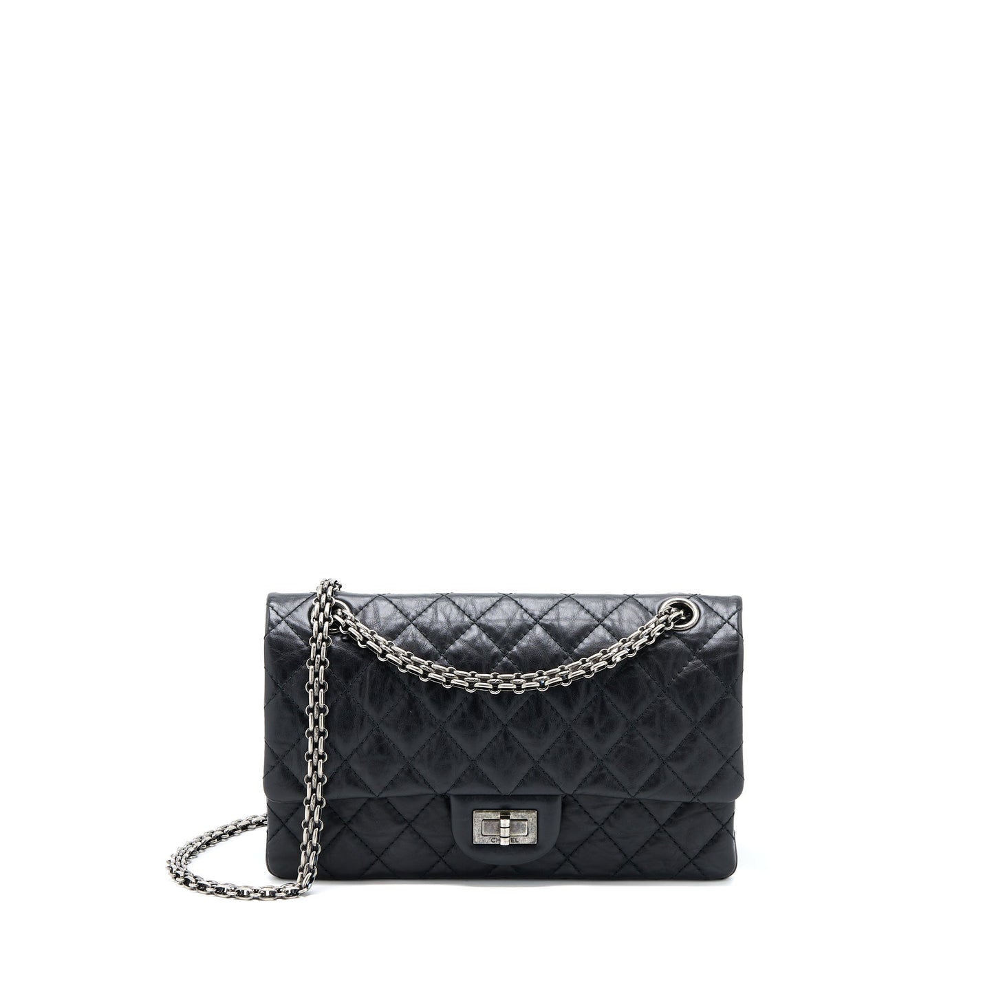 Chanel 2.55 255 Double Flap Calfskin Ruthenium Black Small Shoulder Bag