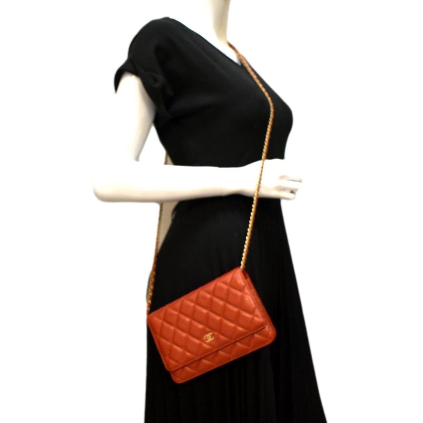Chanel Woc Quilted Caviar Leather Crossbody Wallet Dark Orange