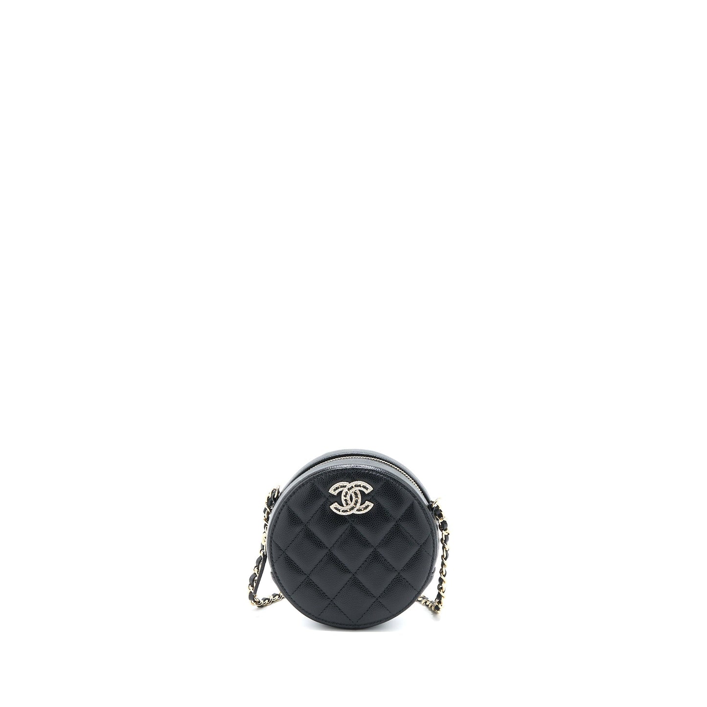 Chanel Crystal CC Logo Round Caviar LGHW Black Clutch Bag