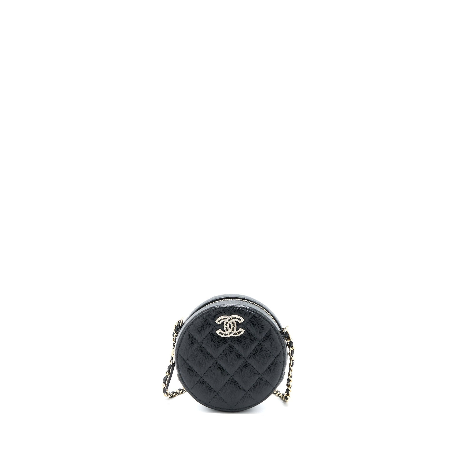 Chanel Crystal CC Logo Round Caviar LGHW Black Clutch Bag