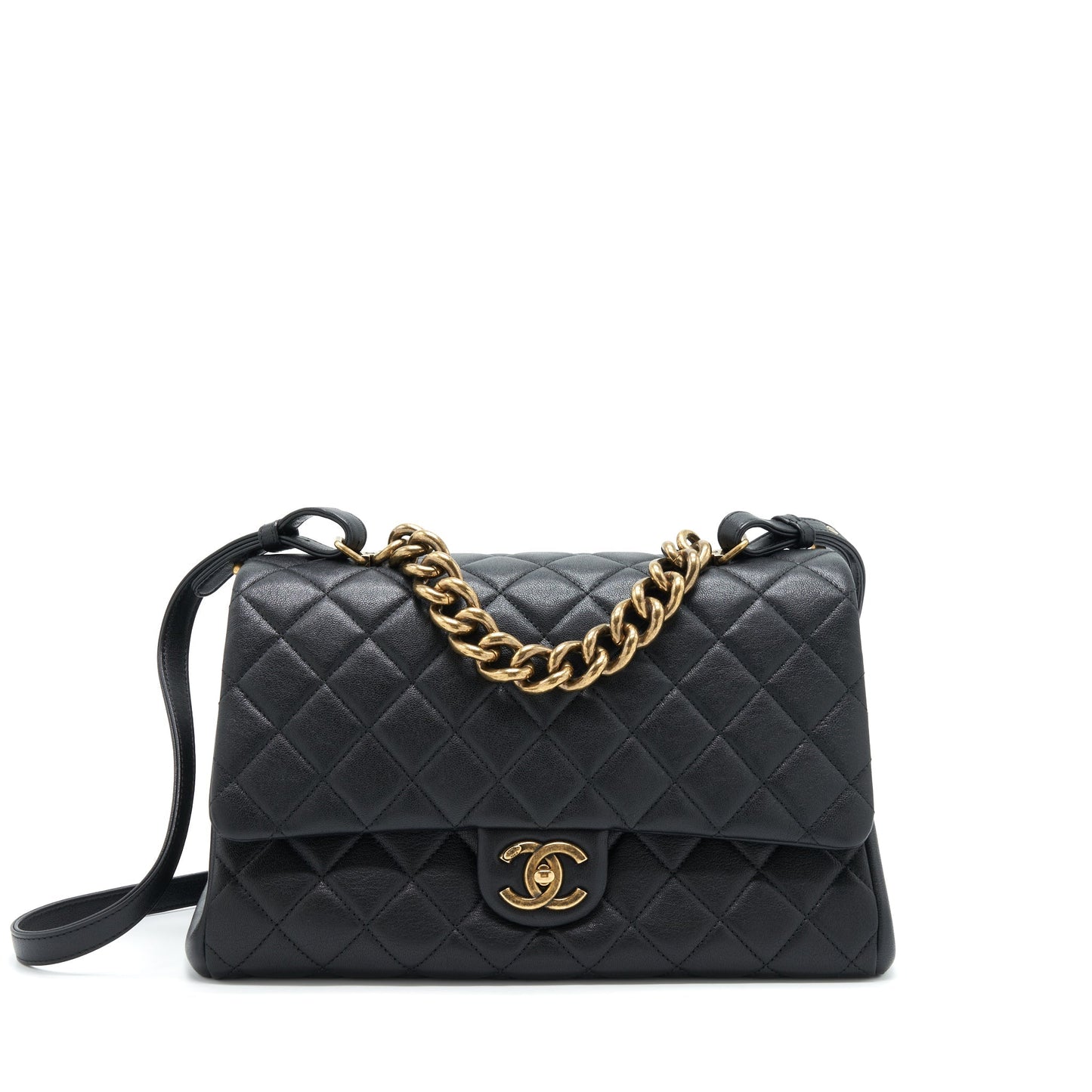 Chanel Flap Calfskin Ruthenium Hardware Black Gold Shoulder Bag