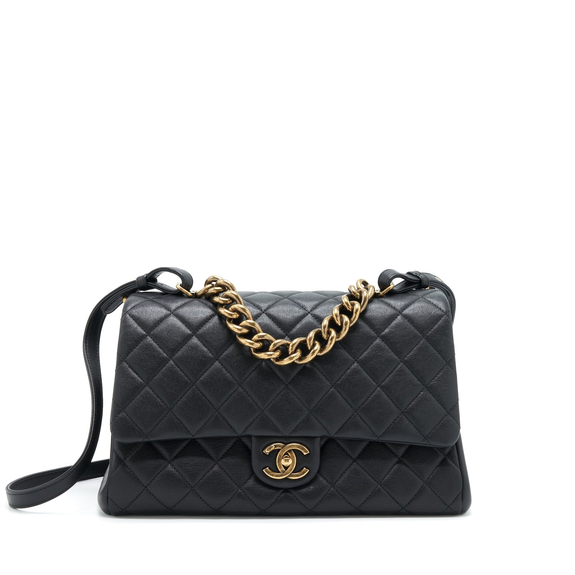 Chanel Flap Calfskin Ruthenium Hardware Black Gold Shoulder Bag