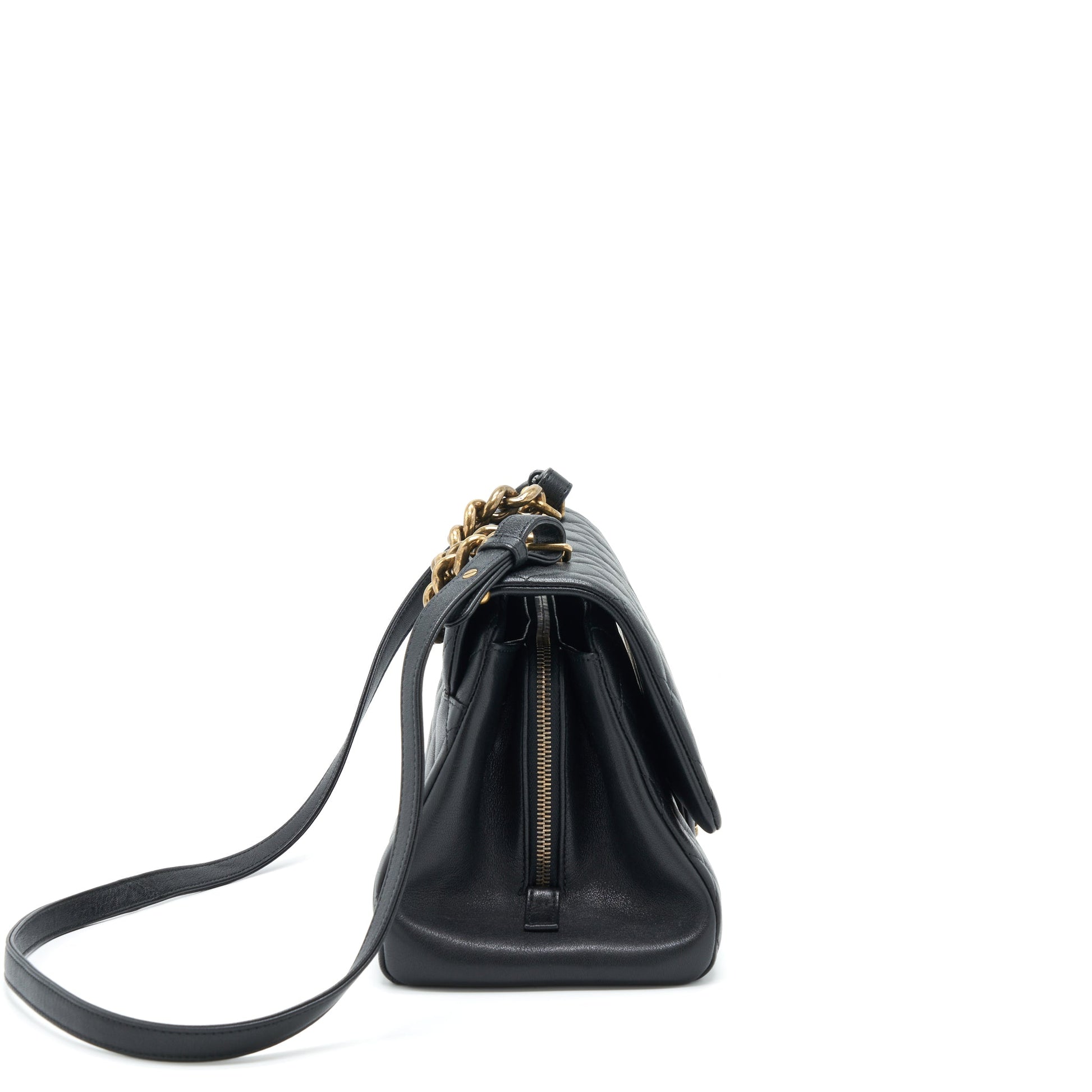 Chanel Flap Calfskin Ruthenium Hardware Black Gold Shoulder Bag