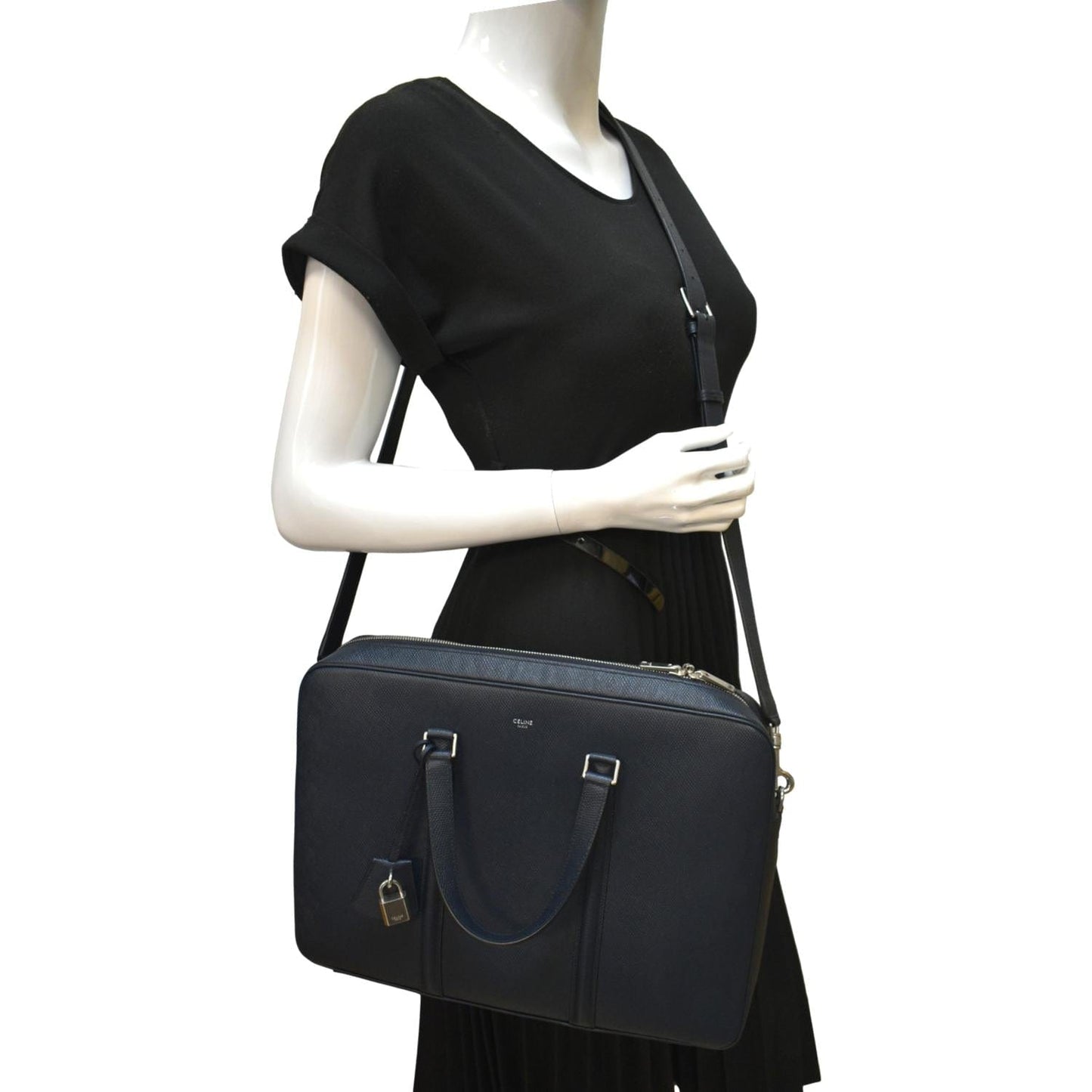 Grained Calfskin Crossbody Briefcase Bag Navy Leather Blue Crossbody Bag