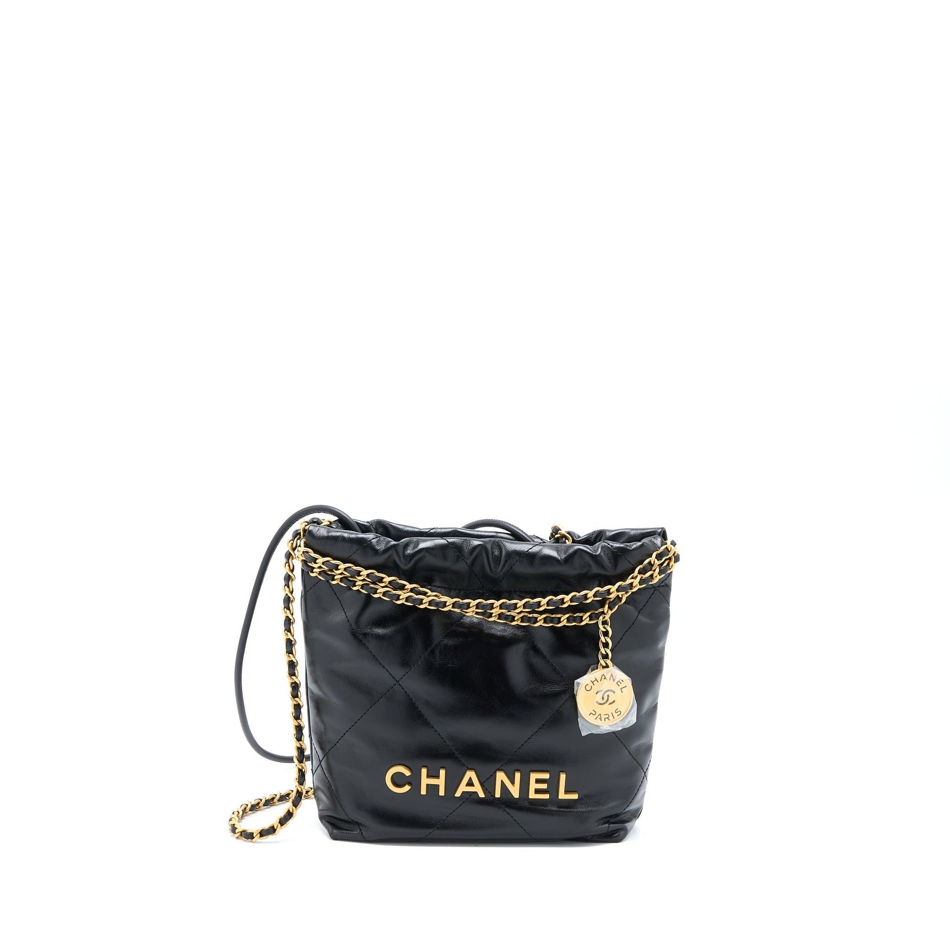 Chanel 22 Shiny Calfskin Brushed GHW Microchip Black Mini Bag