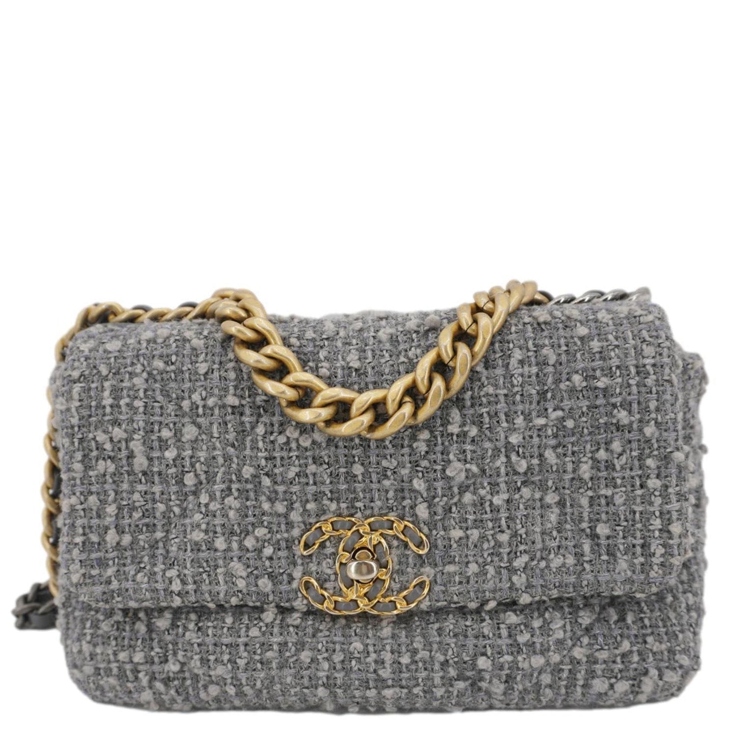 Chanel 19 Flap Medium Quilted Tweed Shoulder Bag Gray