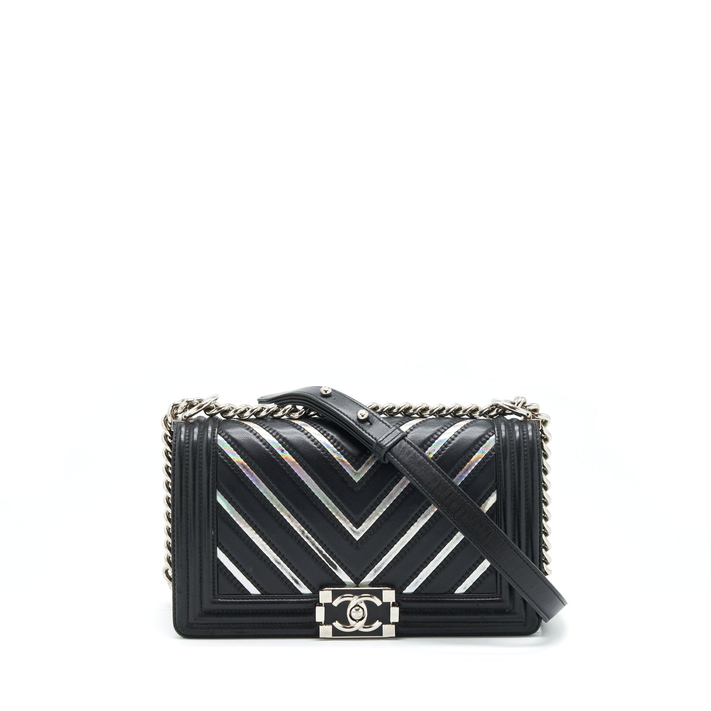 Chanel Boy Chevron Lambskin SHW Black Silver Handbag