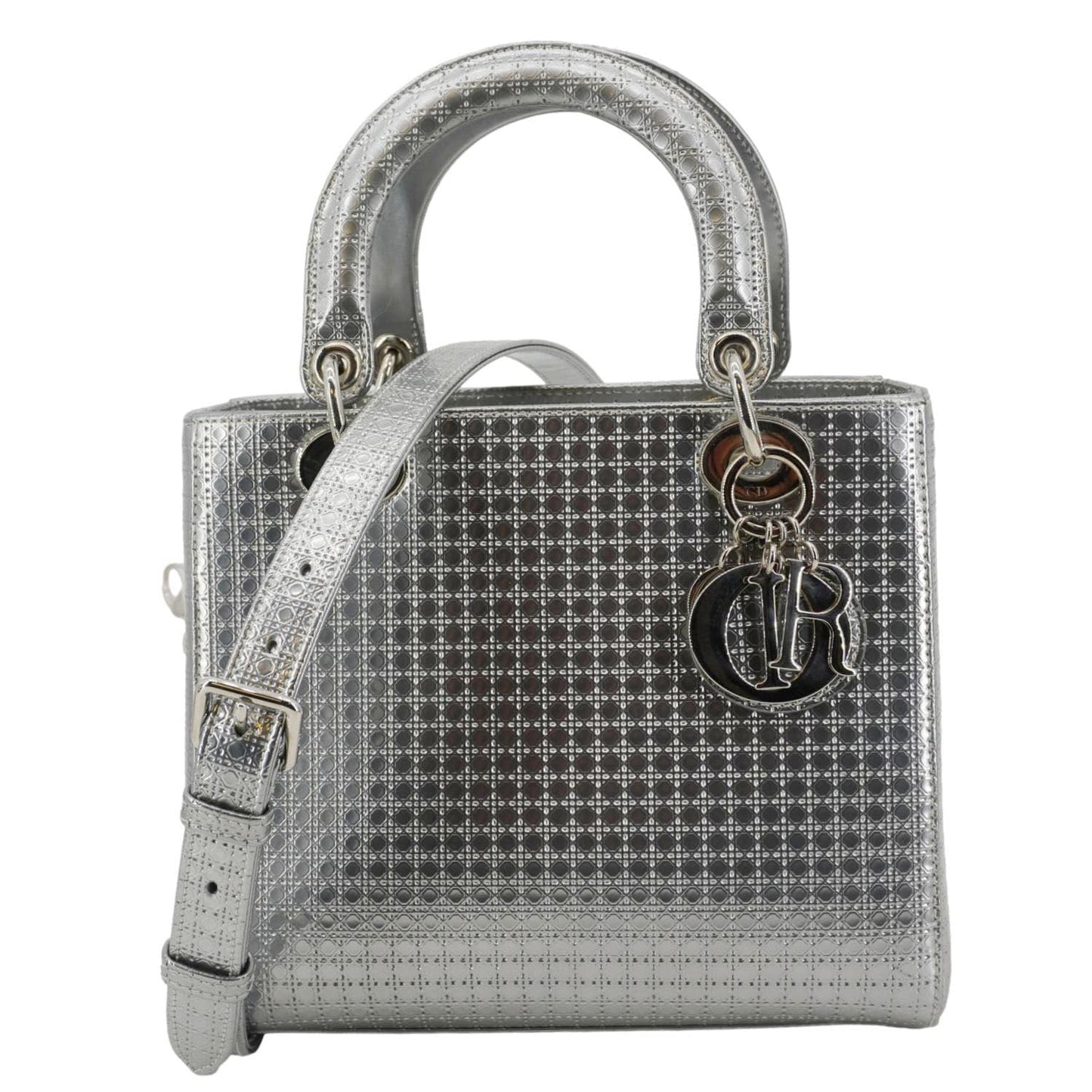 Dior Lady Shoulder Bag Metallic Leather Silver
