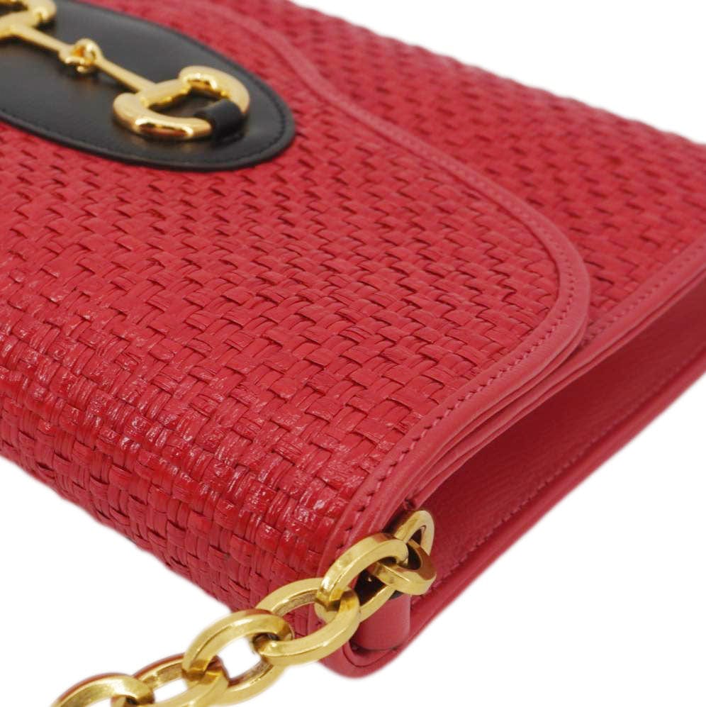 GUCCI Horsebit 1955 Straw Shoulder Bag Red 655667