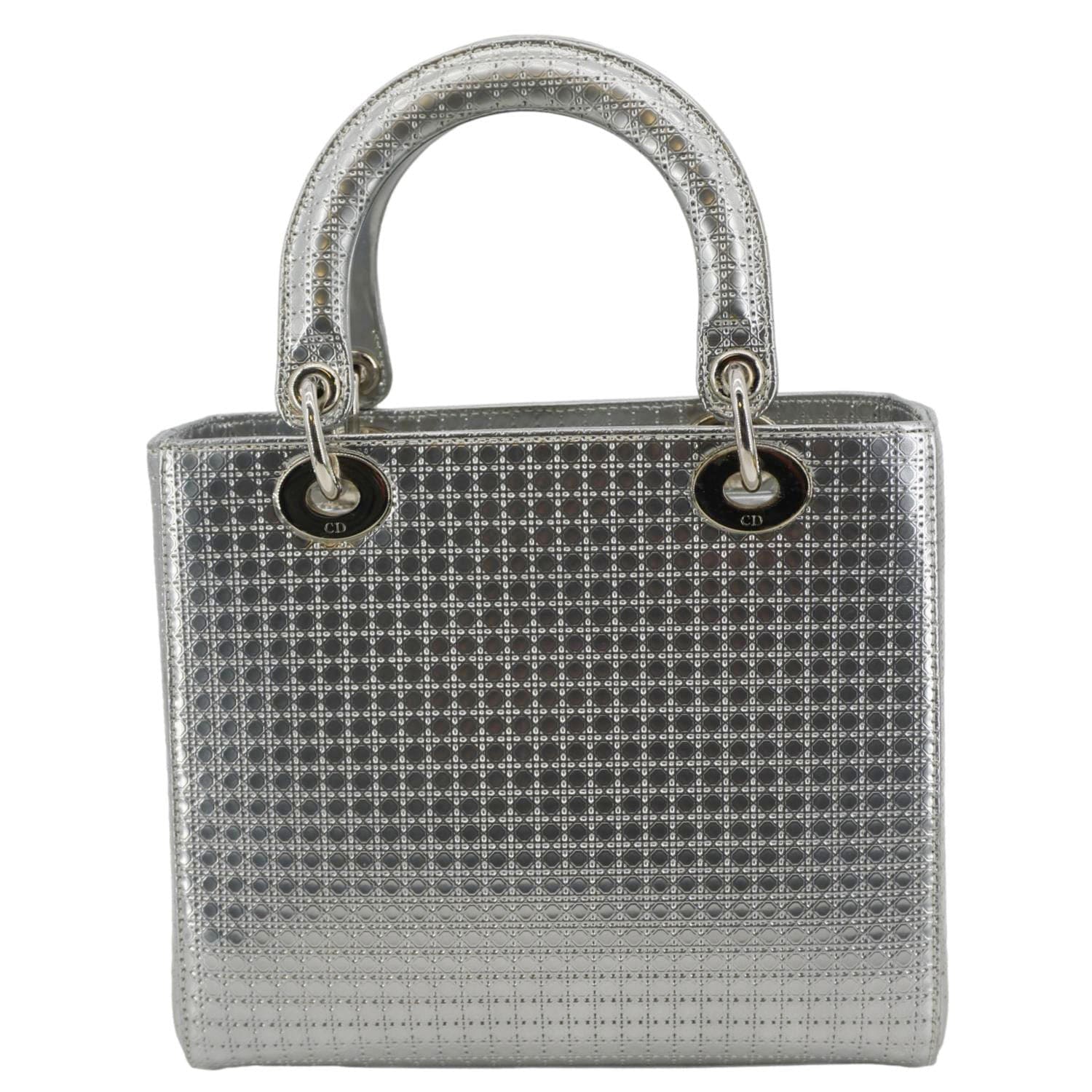 Dior Lady Shoulder Bag Metallic Leather Silver Medium