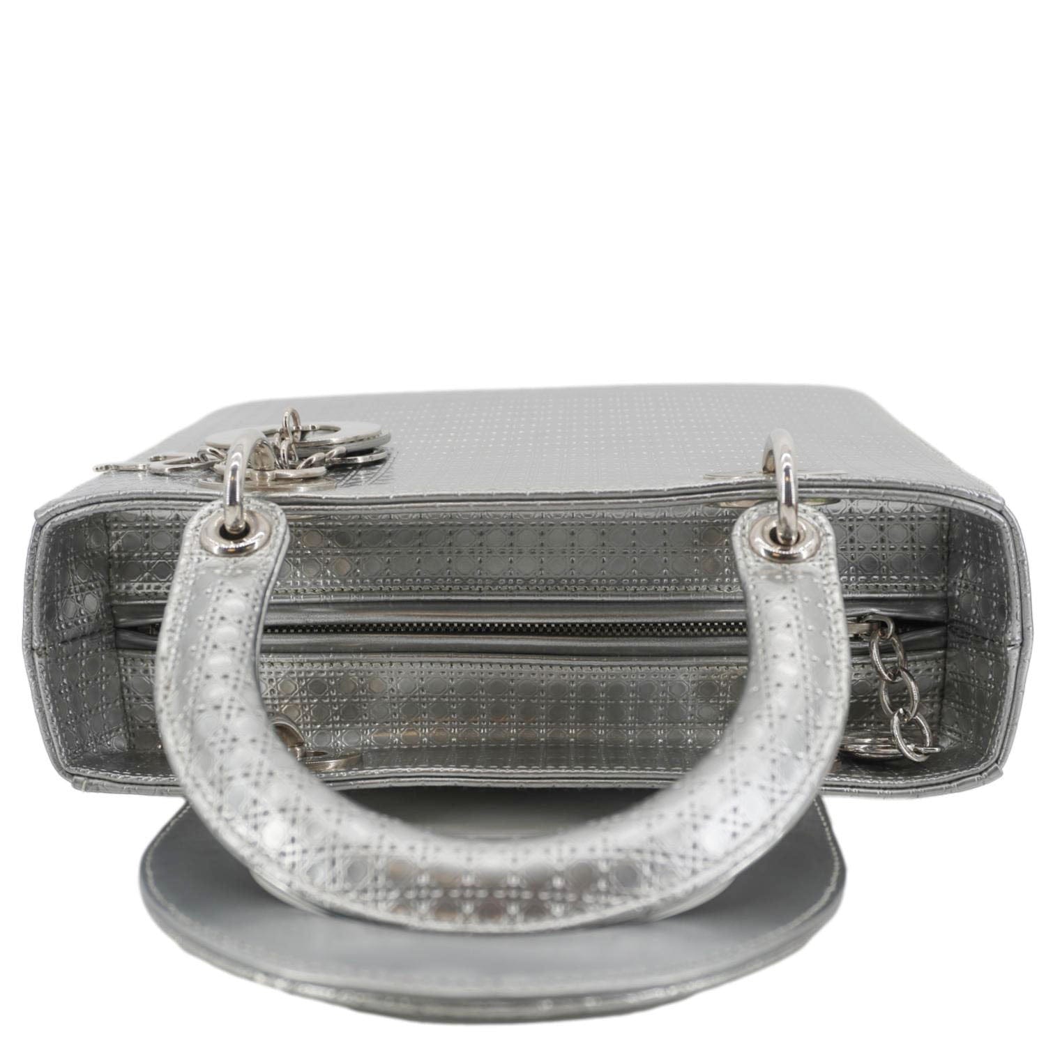 Dior Lady Shoulder Bag Metallic Leather Silver Medium