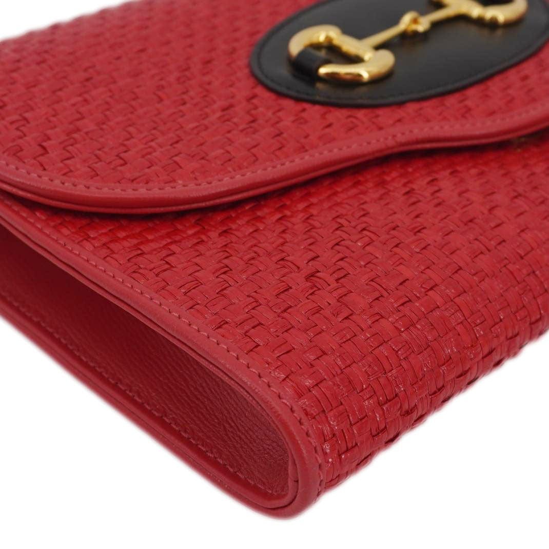 GUCCI Horsebit 1955 Straw Shoulder Bag Red 655667