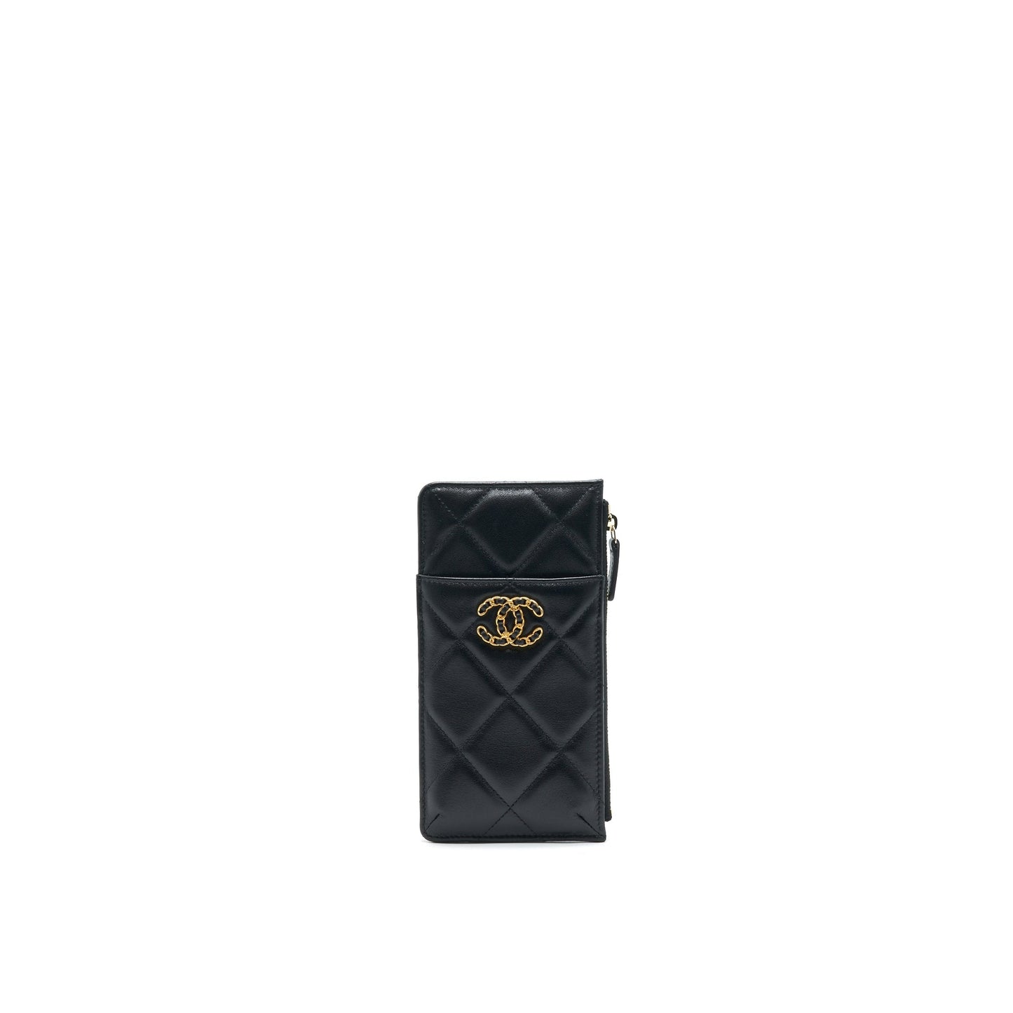 Chanel 19 Phone Card Holder Lambskin Quilted Black Wallet Case