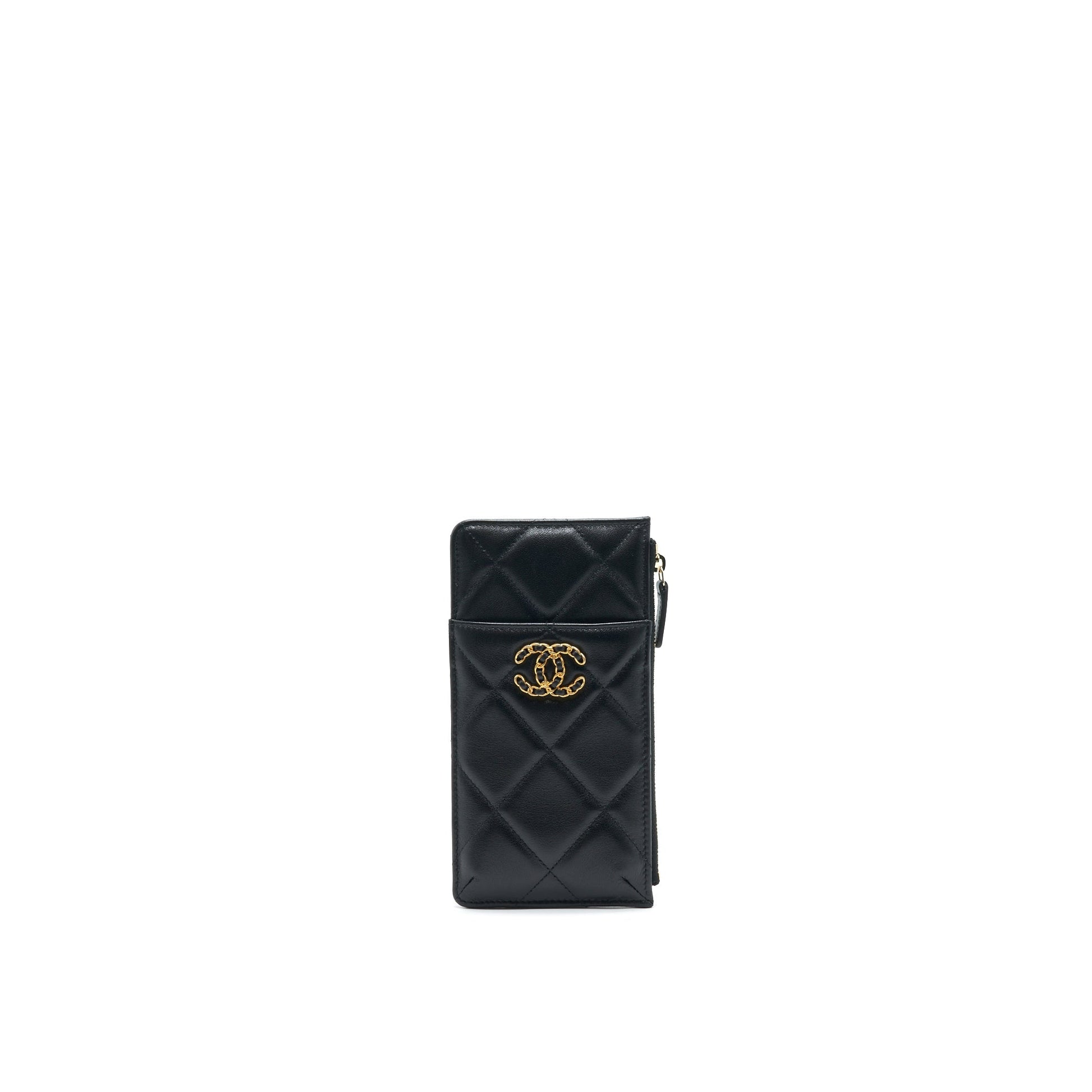 Chanel 19 Phone Card Holder Lambskin Quilted Black Wallet Case