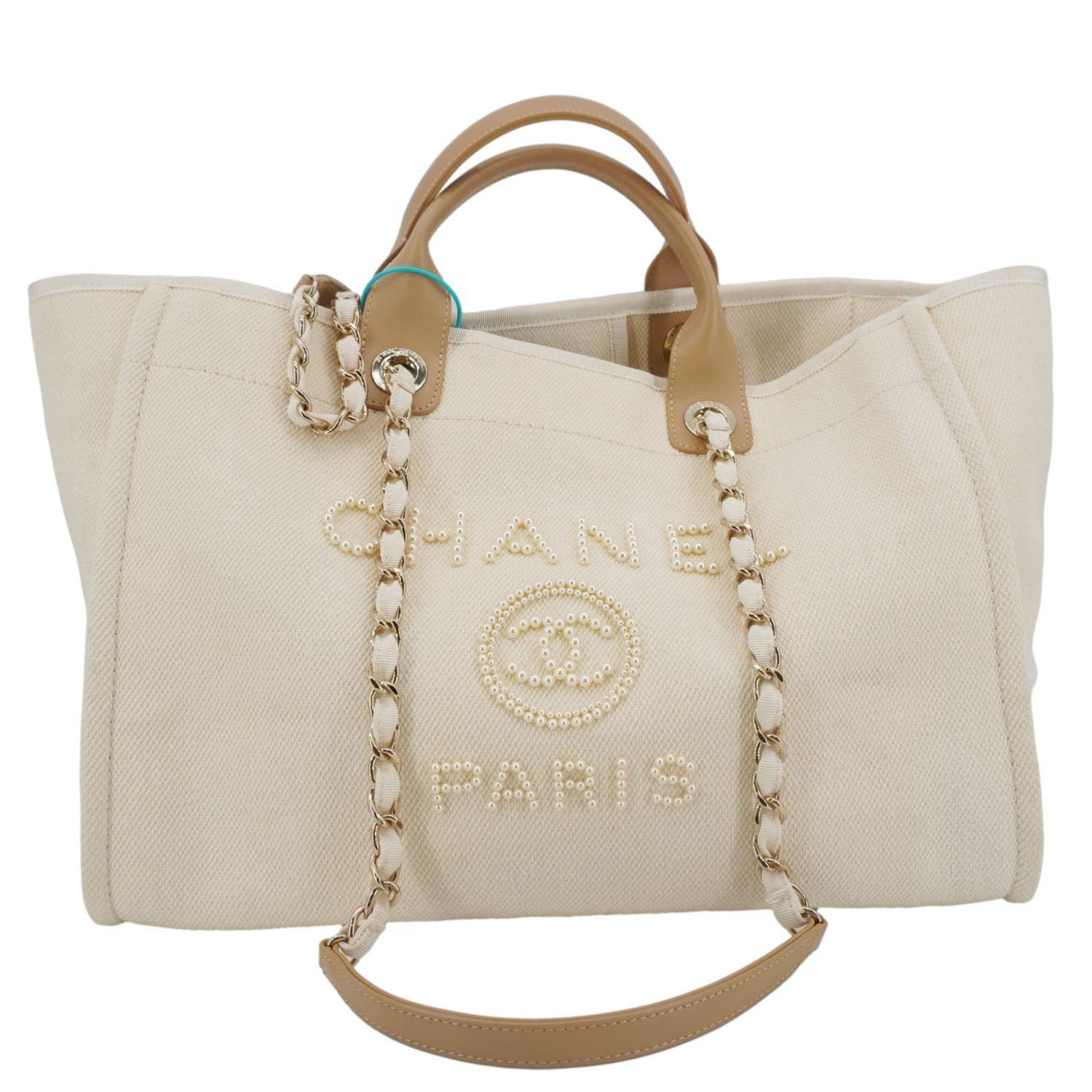 Chanel Deauville Pearl Embellished Cream Canvas Travel Bag