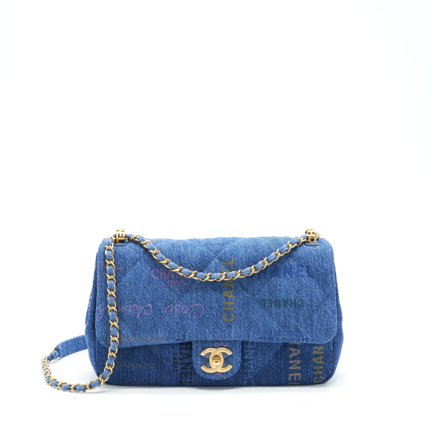 Chanel 22P Denim Logo Flap 28cm GHW Multicolor Blue Shoulder Bag