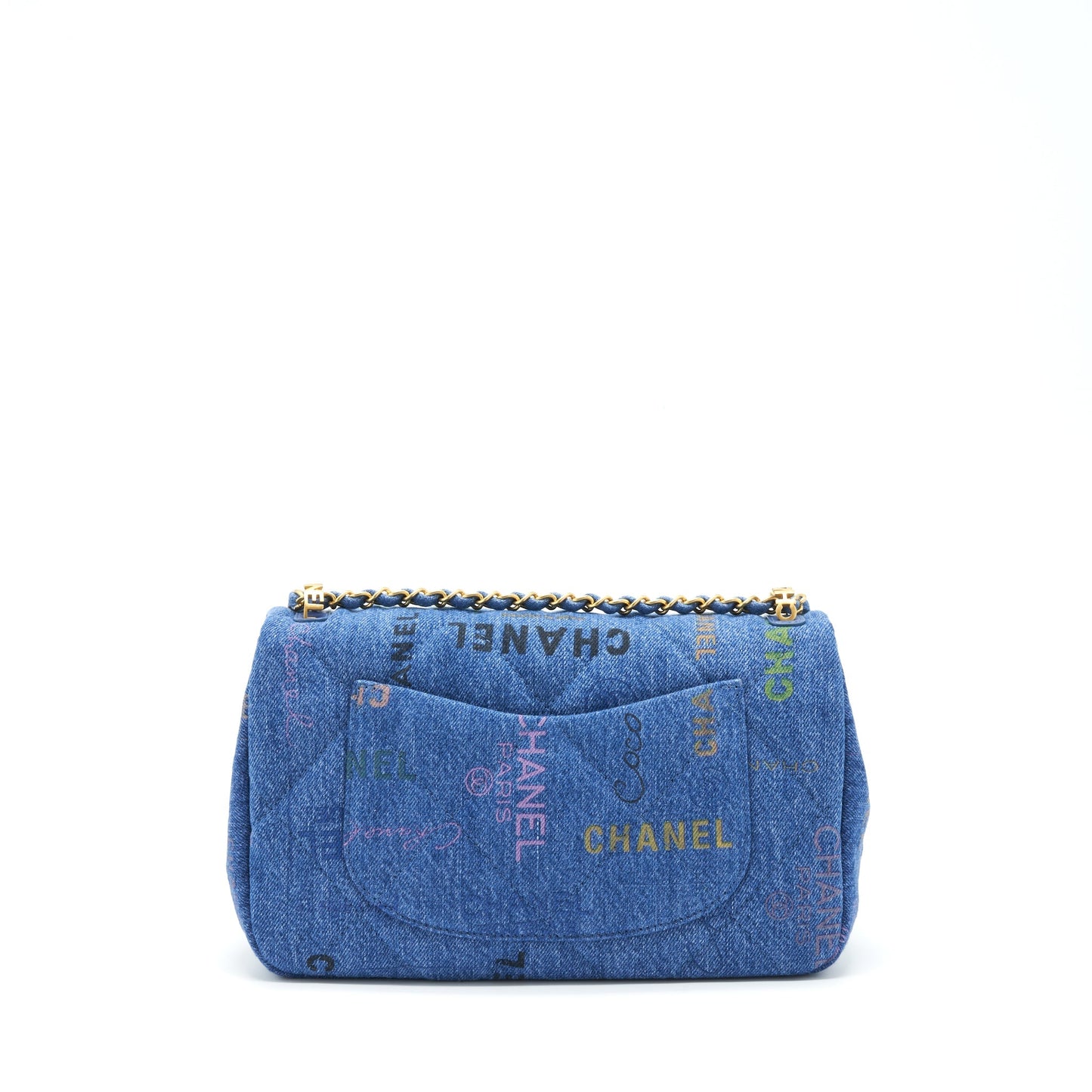 Chanel 22P Denim Logo Flap 28cm GHW Multicolor Blue Shoulder Bag