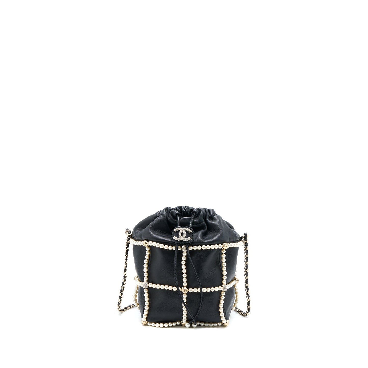 Chanel Bucket Crystal CC Logo Pearl Lambskin Black Bucket Bag