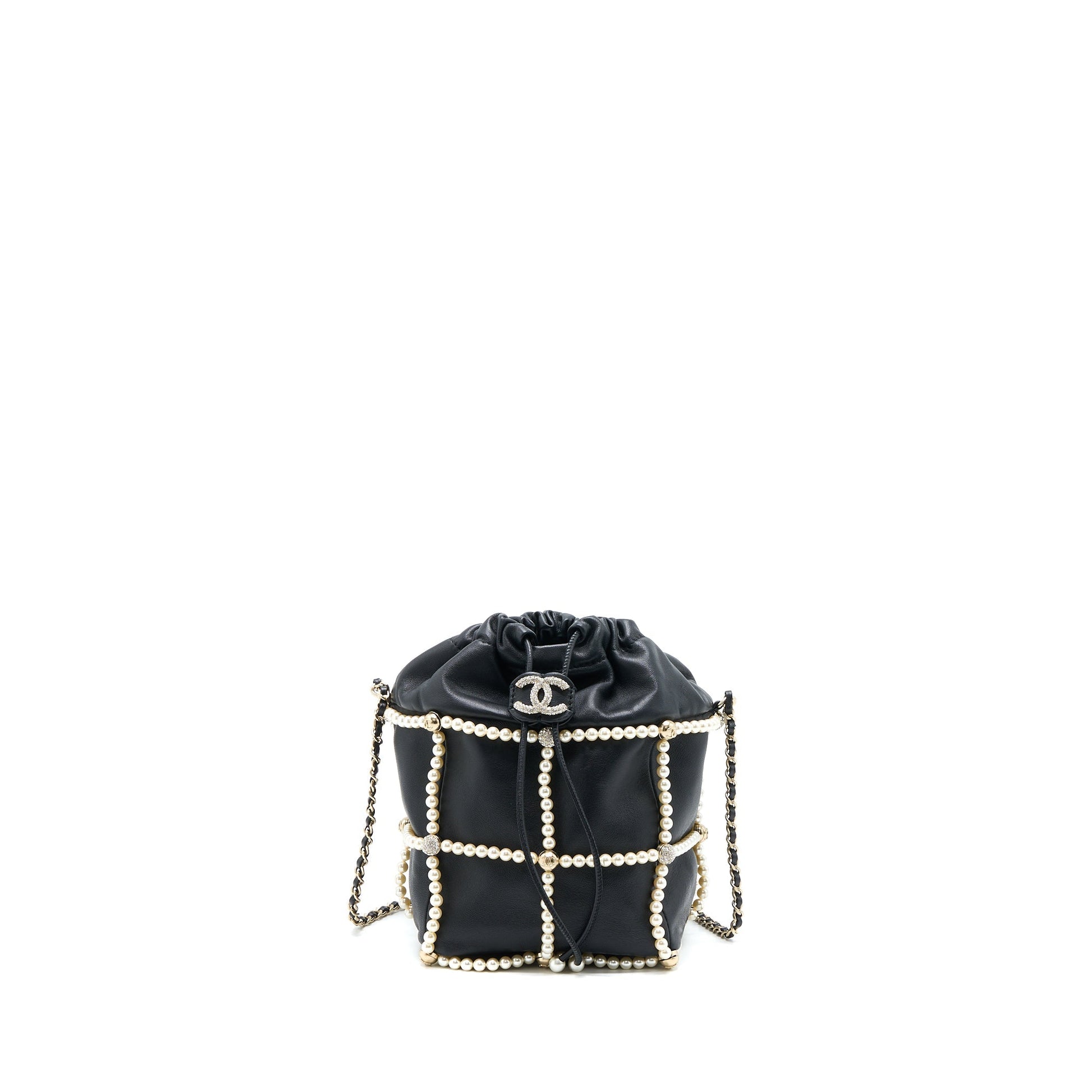 Chanel Bucket Crystal CC Logo Pearl Lambskin Black Bucket Bag