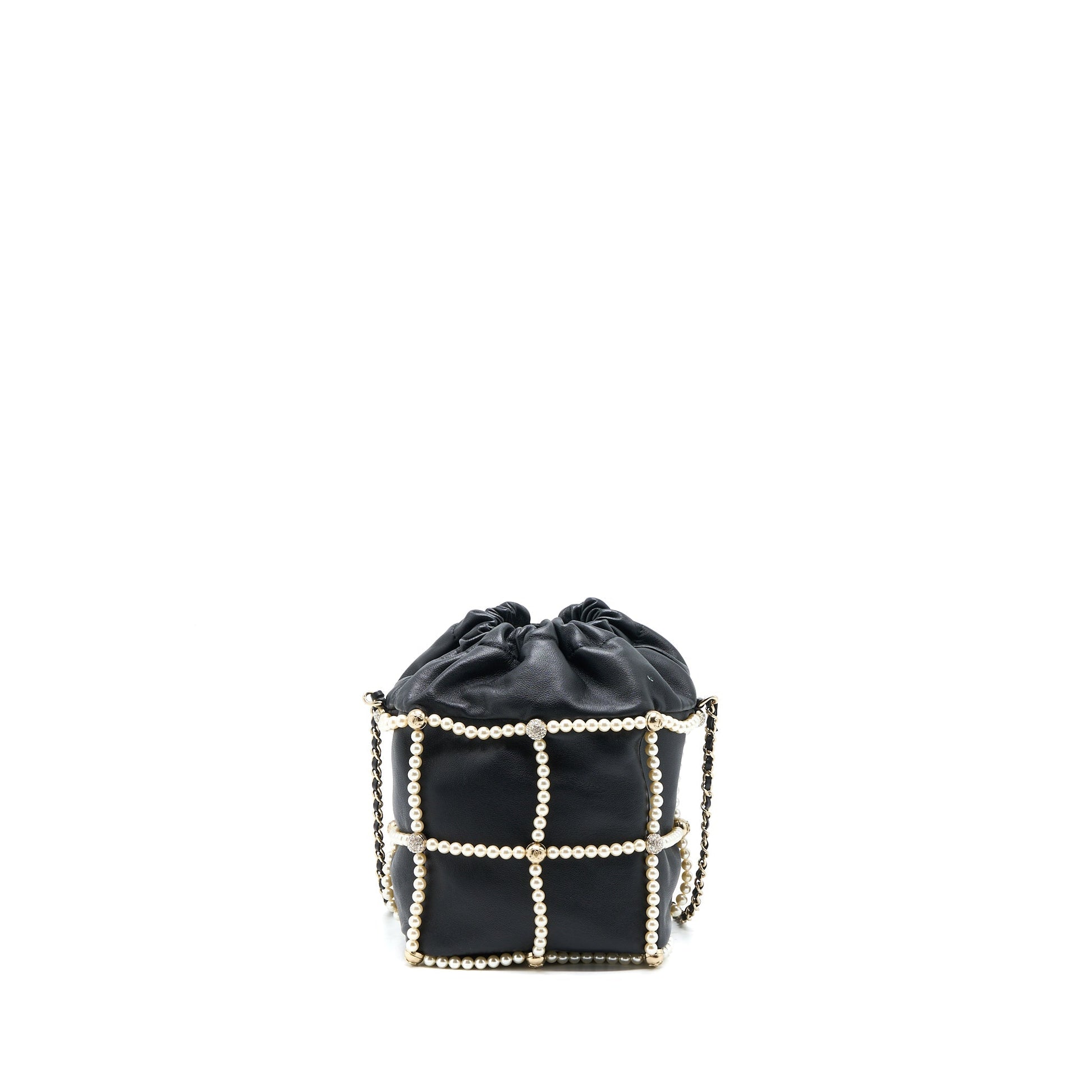 Chanel Bucket Crystal CC Logo Pearl Lambskin Black Bucket Bag