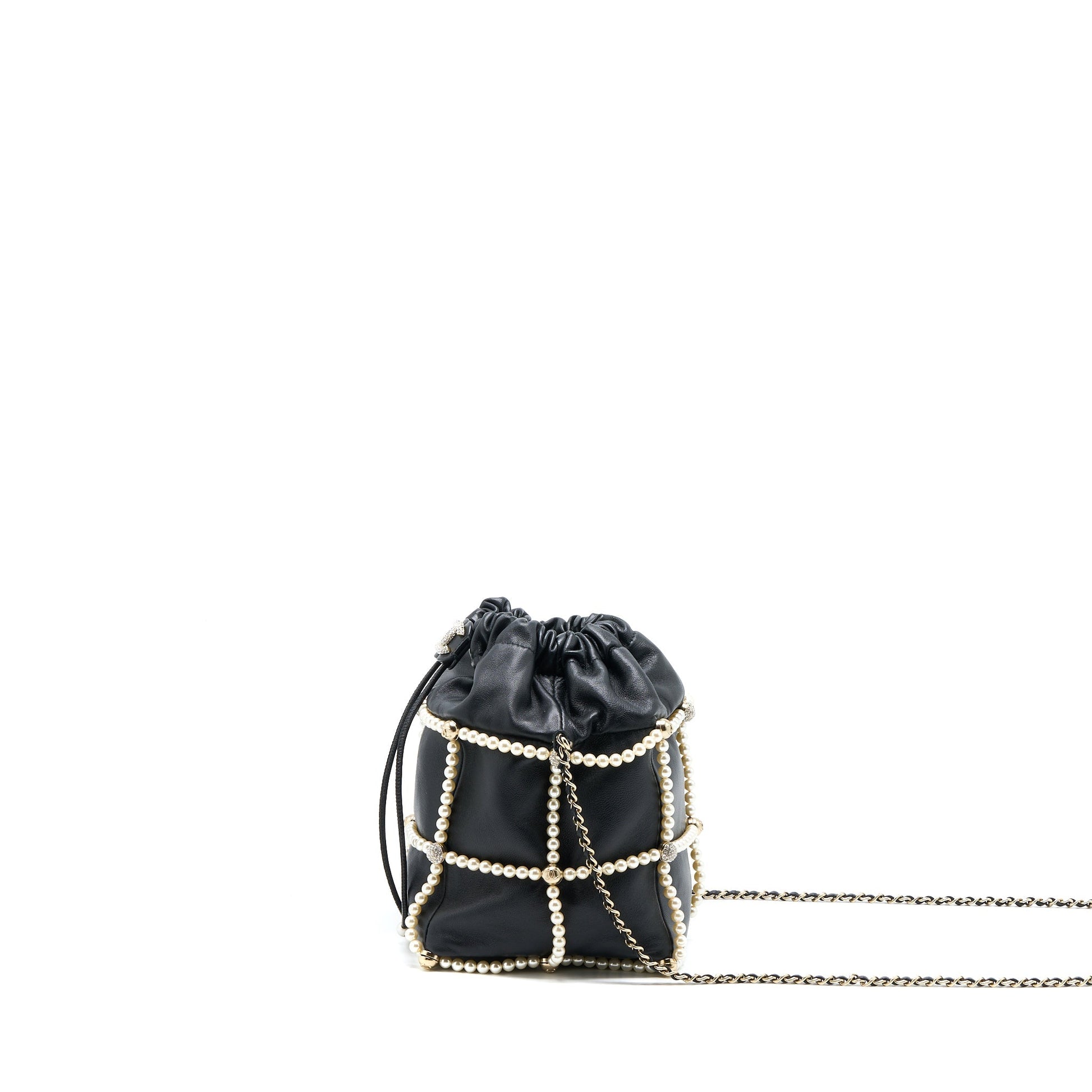 Chanel Bucket Crystal CC Logo Pearl Lambskin Black Bucket Bag