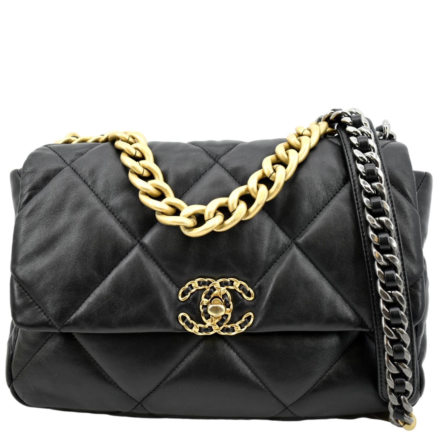 Chanel 19 Flap Quilted Leather Lambskin Black Travel Bag Bag 1