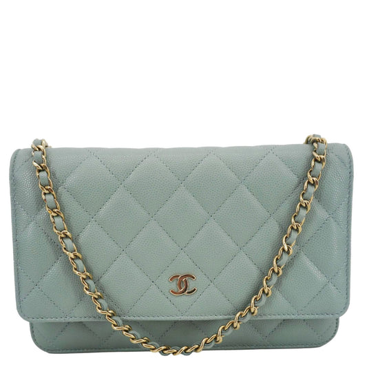 Chanel On Quilted Caviar Light Leather Blue Wallet Case