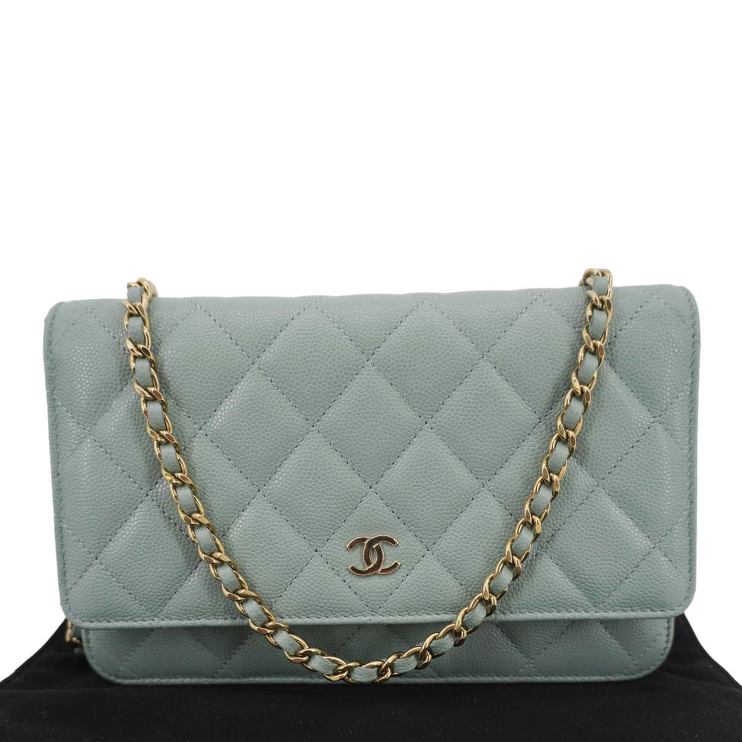 Chanel On Quilted Caviar Light Leather Blue Wallet Case