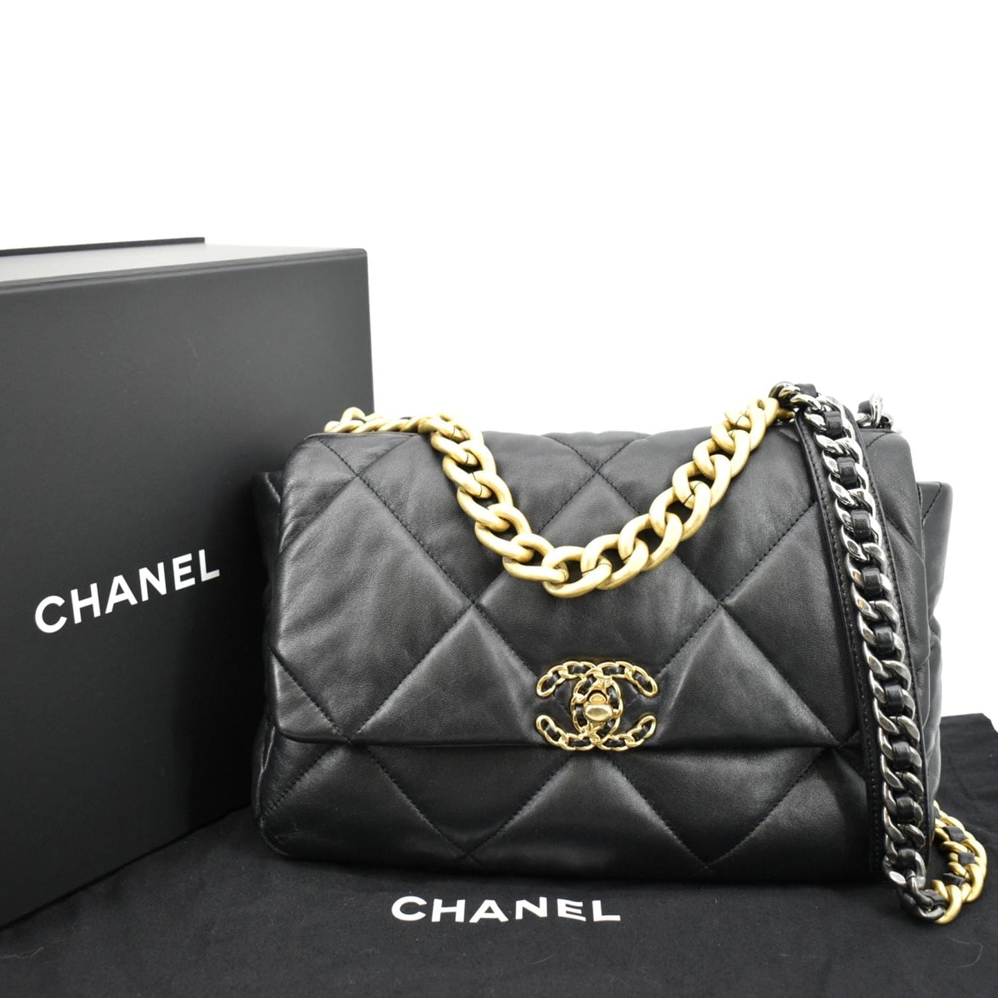 Chanel 19 Flap Quilted Leather Lambskin Black Travel Bag Bag 1