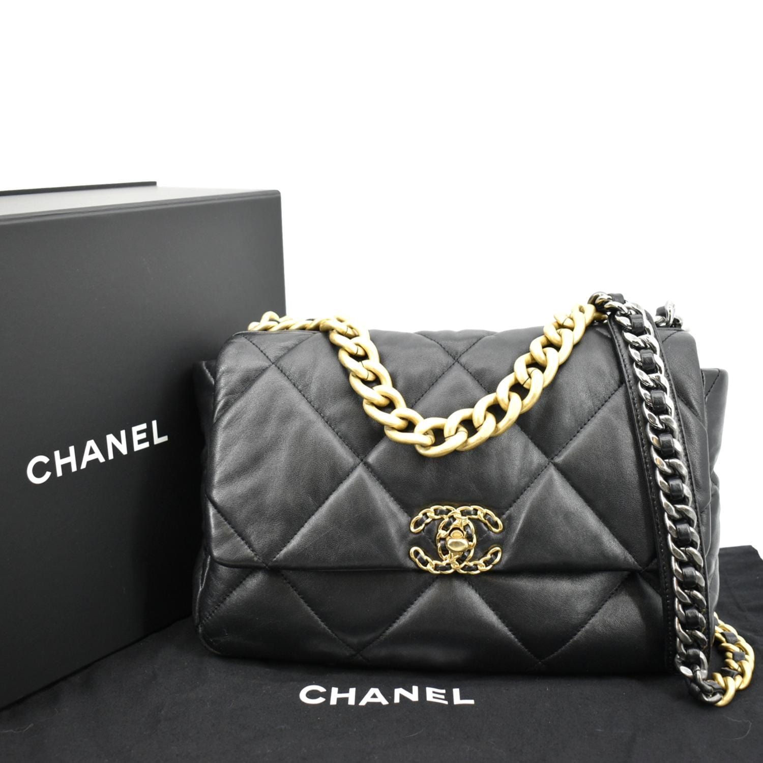 Chanel 19 Flap Quilted Leather Lambskin Black Travel Bag Bag 1