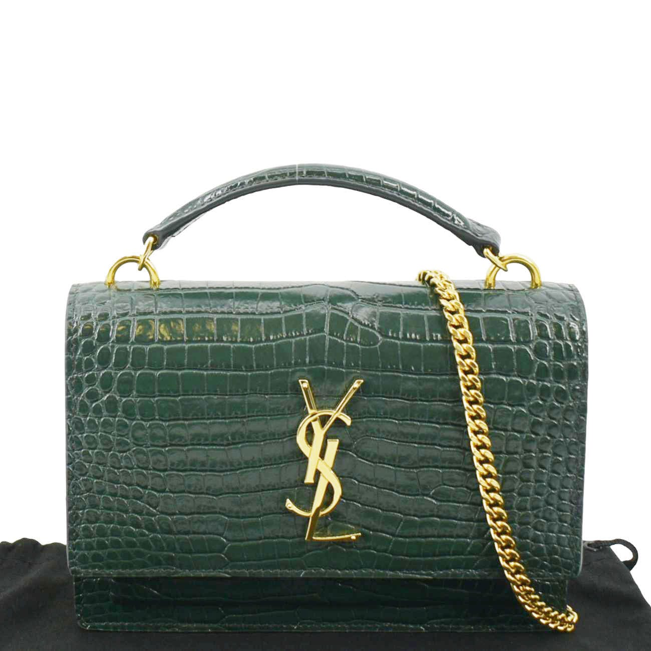 YSL Saint Laurent Yves Sunset Crocodile Crossbody Bag Leather Green Embossed