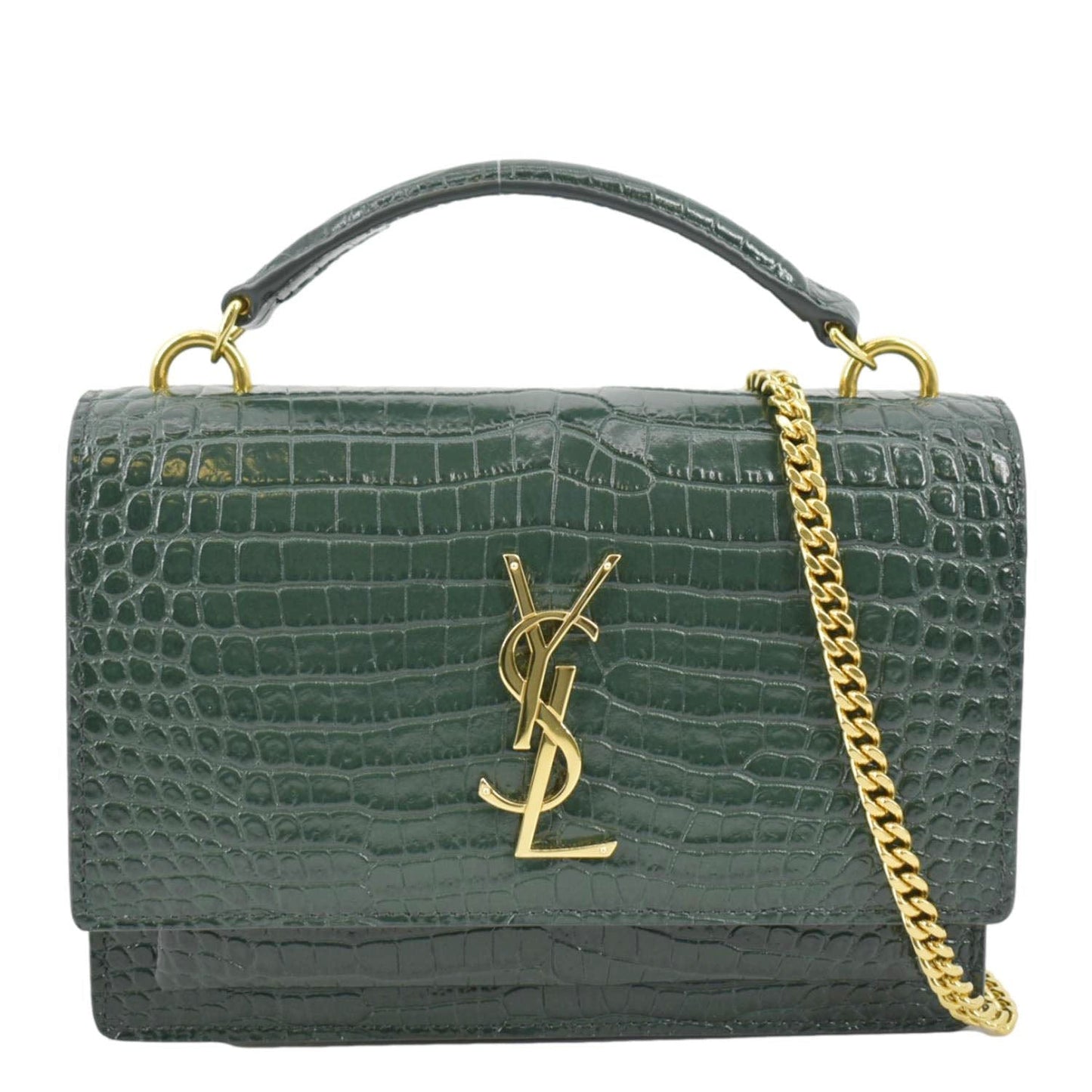 YSL Saint Laurent Saint Sunset Crocodile Embossed Crossbody Bag Leather Green