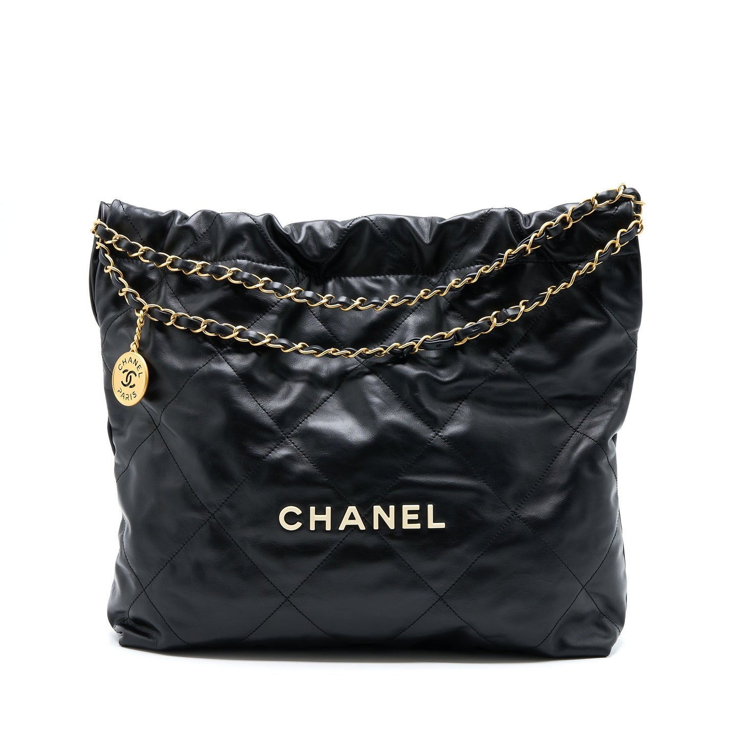 Chanel 22 Letter Shiny Calfskin GHW Microchip Black White Handbag