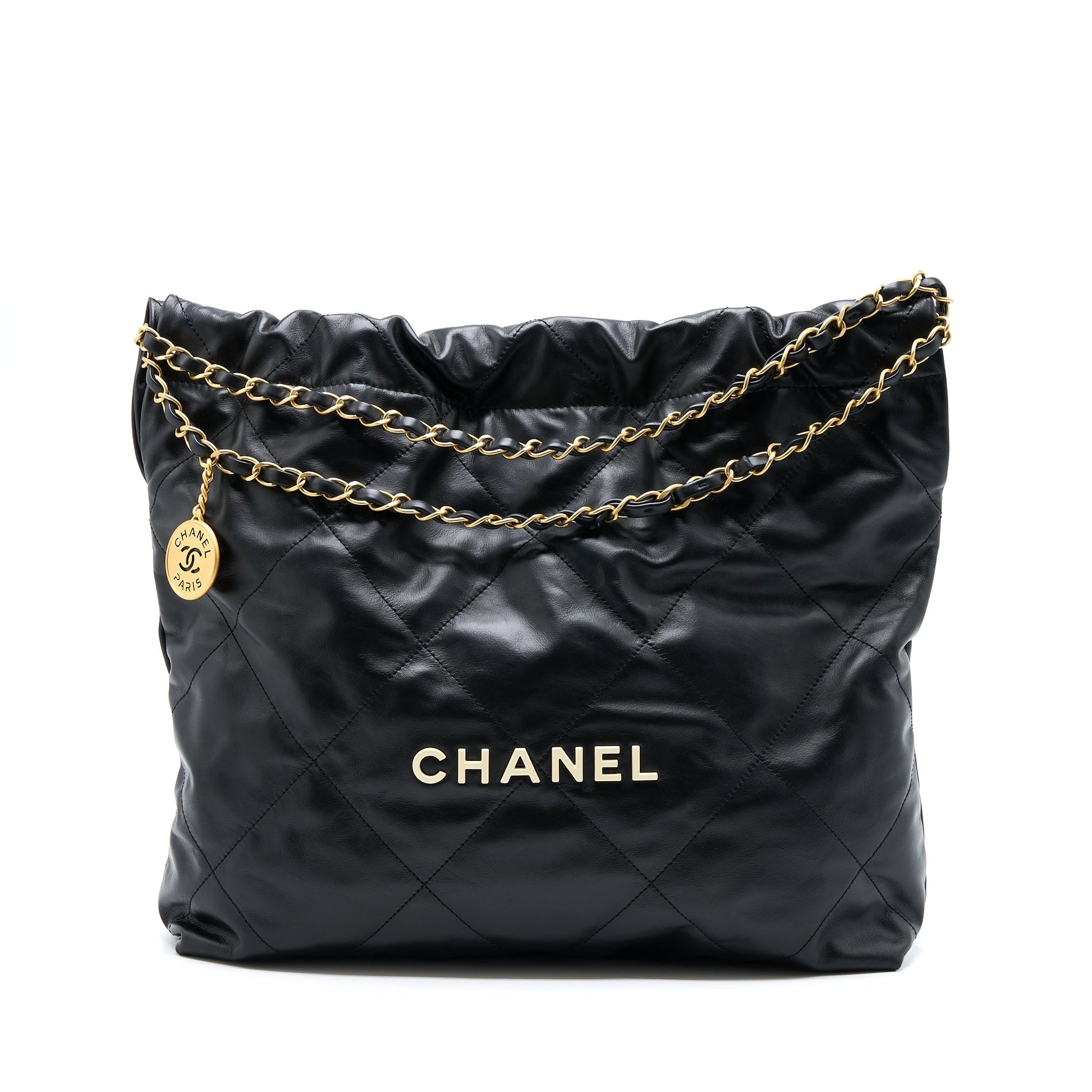 Chanel 22 Letter Shiny Calfskin GHW Microchip Black White Handbag