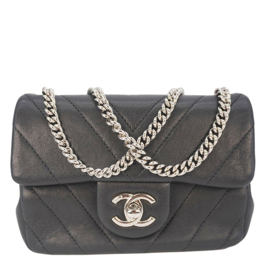 Chanel Mini Flap Quilted Chevron Leather Crossbody Bag Black