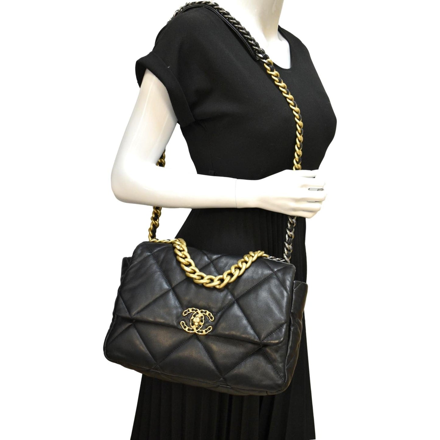 Chanel 19 Flap Quilted Leather Lambskin Black Travel Bag Bag 1