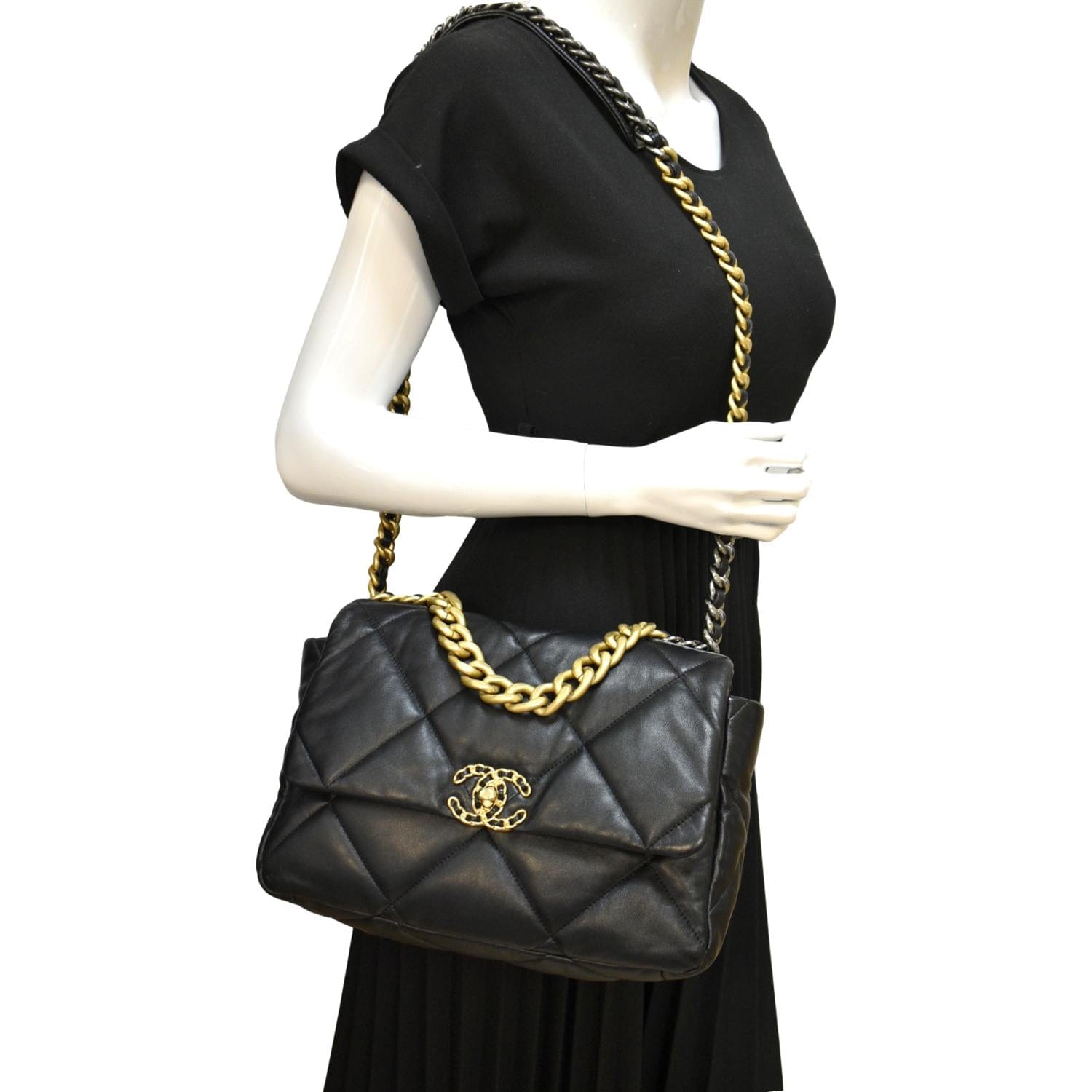 Chanel 19 Flap Quilted Leather Lambskin Black Travel Bag Bag 1