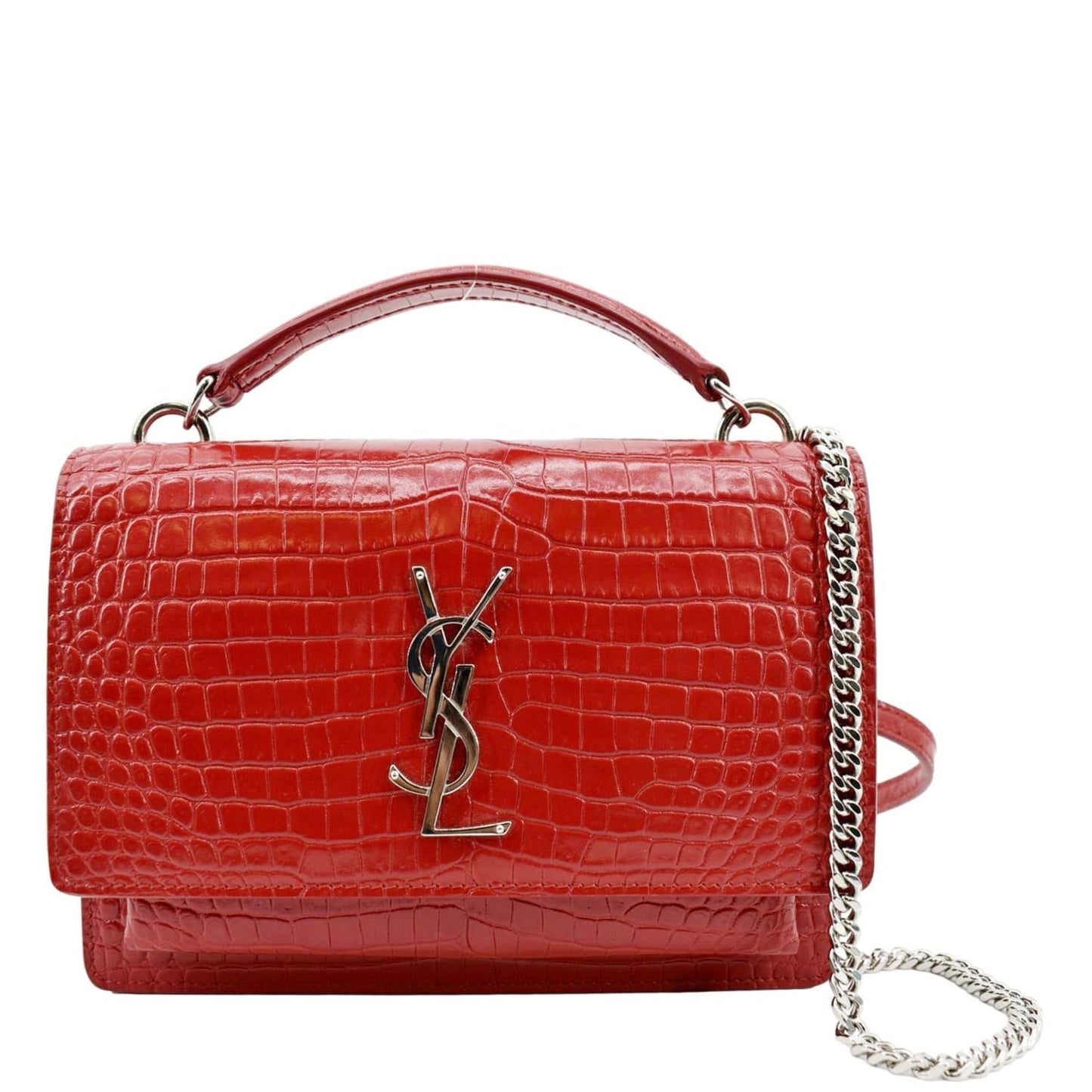 YSL Saint Laurent Saint Sunset Crocodile Embossed Crossbody Bag Leather Red