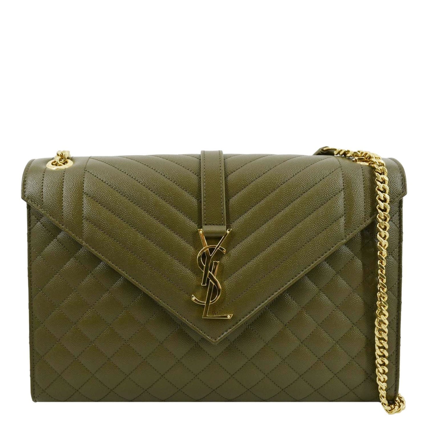 YSL Saint Laurent Saint Large Envelope Flap Shoulder Bag Khaki Leather Matelasse