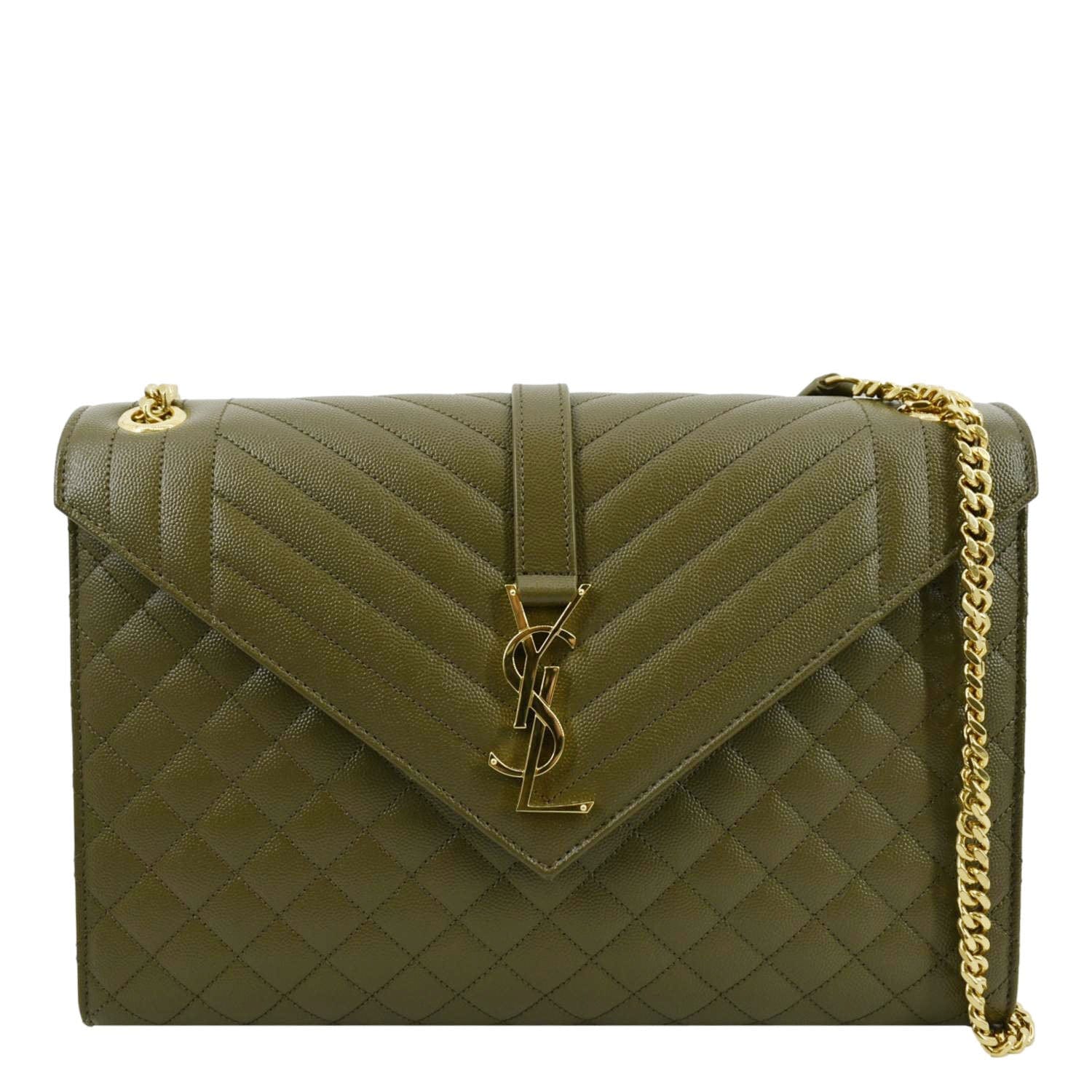 YSL Saint Laurent Saint Large Envelope Flap Shoulder Bag Khaki Leather Matelasse