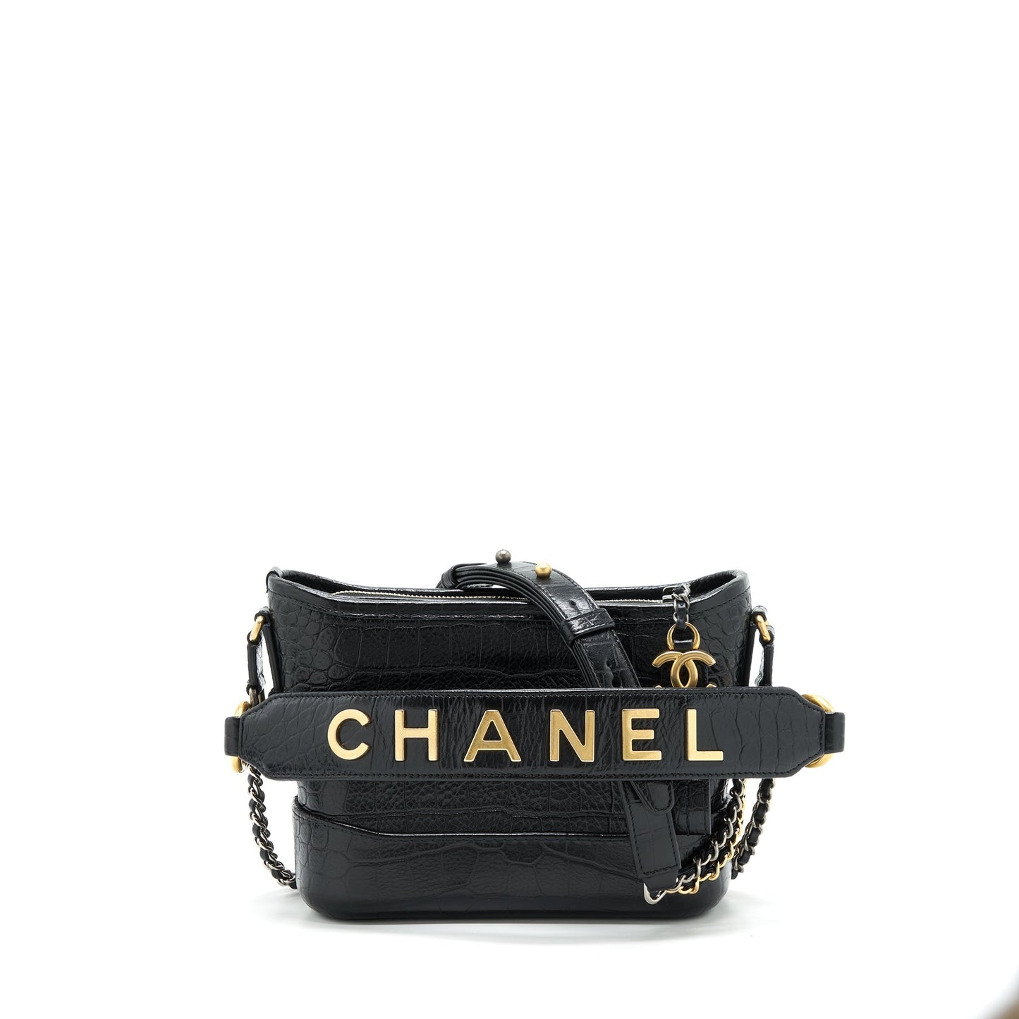 Chanel Gabrielle Hobo Handle Croc-Embossed Calfskin Hardware Black Gold Silver Small Shoulder Bag