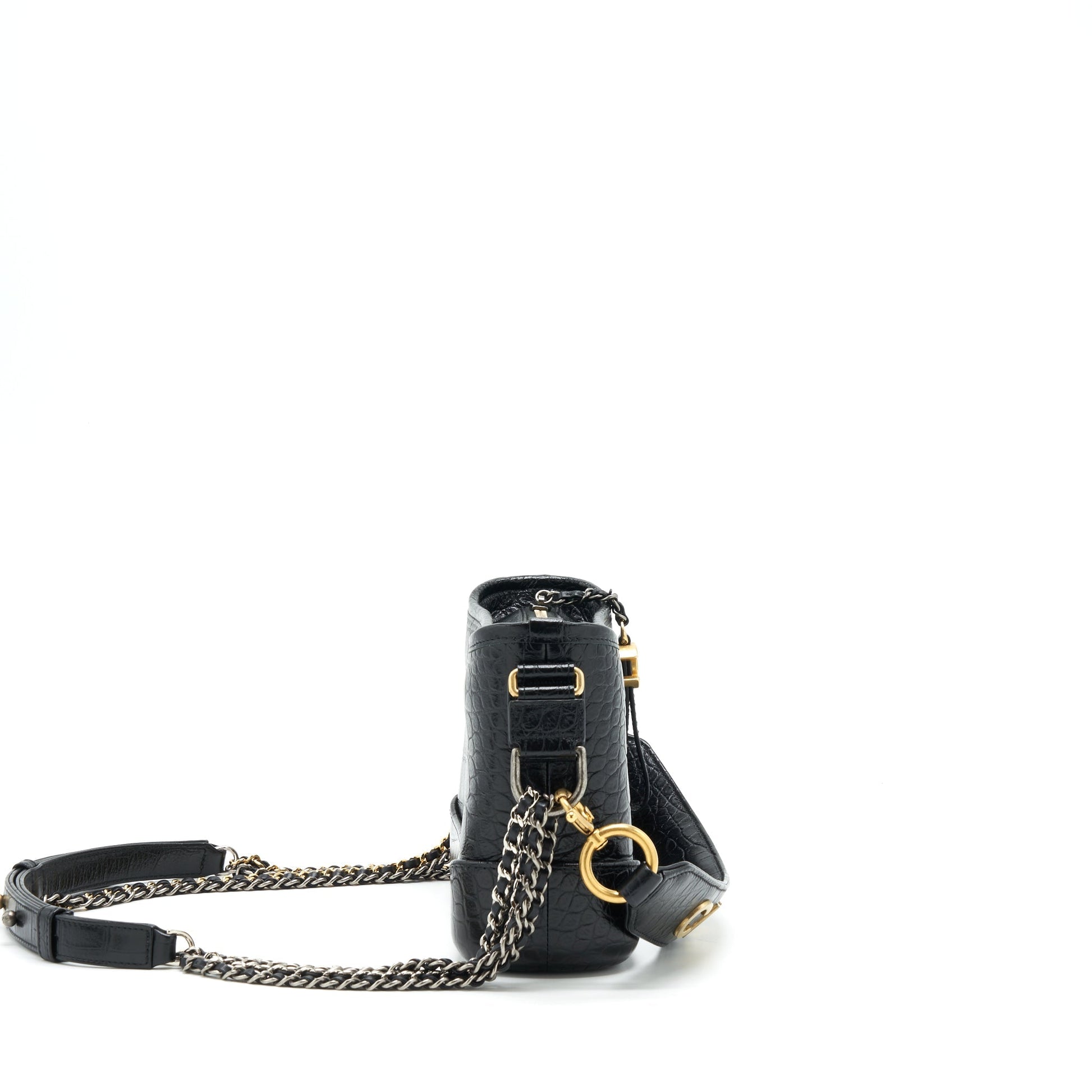 Chanel Gabrielle Hobo Handle Croc-Embossed Calfskin Hardware Black Gold Silver Small Shoulder Bag