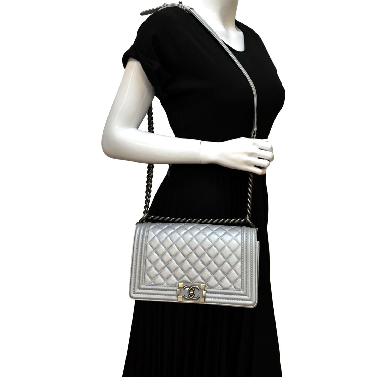 Louis Vuitton CHANEL Boy Flap Quilted Leather Silver Travel Bag